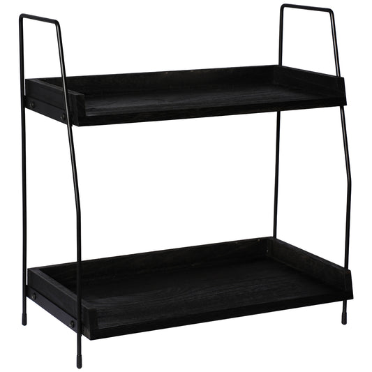 2-Tier Charcoal Solid Wood & Black Metal Countertop Organizer, 15" H Vertical Storage Rack for Kitchen, Bathroom & Office