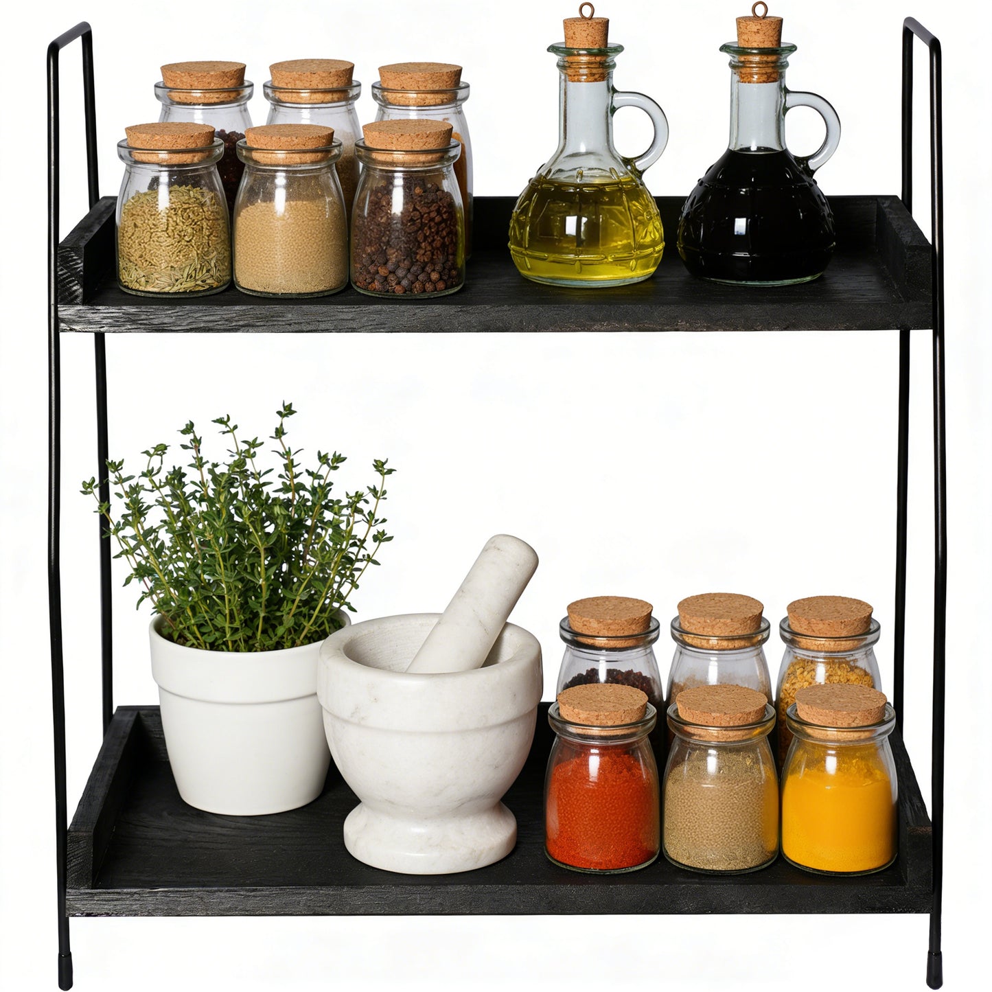 2-Tier Charcoal Solid Wood & Black Metal Countertop Organizer, 15" H Vertical Storage Rack for Kitchen, Bathroom & Office
