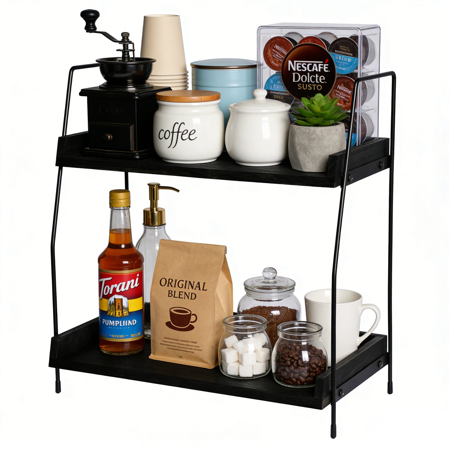 2-Tier Charcoal Solid Wood & Black Metal Countertop Organizer, 15" H Vertical Storage Rack for Kitchen, Bathroom & Office