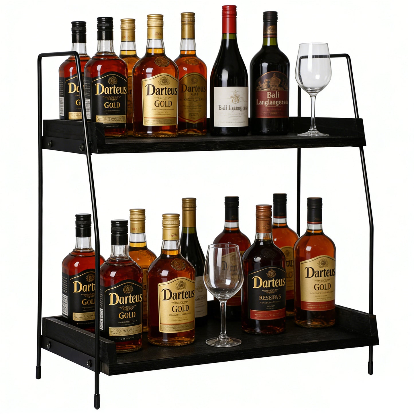 2-Tier Charcoal Solid Wood & Black Metal Countertop Organizer, 15" H Vertical Storage Rack for Kitchen, Bathroom & Office