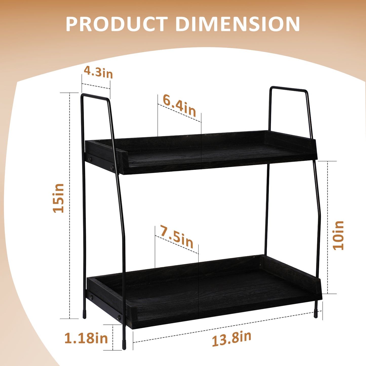 2-Tier Charcoal Solid Wood & Black Metal Countertop Organizer, 15" H Vertical Storage Rack for Kitchen, Bathroom & Office