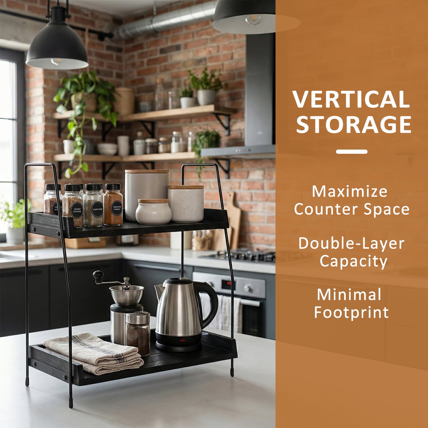 2-Tier Charcoal Solid Wood & Black Metal Countertop Organizer, 15" H Vertical Storage Rack for Kitchen, Bathroom & Office
