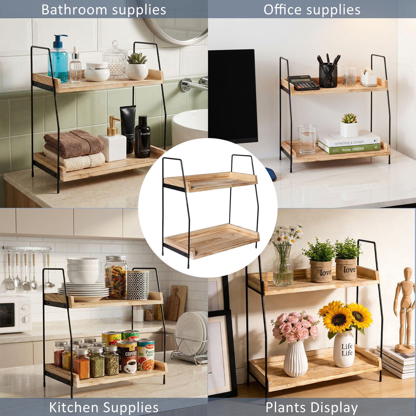 2-Tier Natural Solid Wood & Black Metal Countertop Organizer, 15" H Vertical Storage Rack for Kitchen, Bathroom & Office