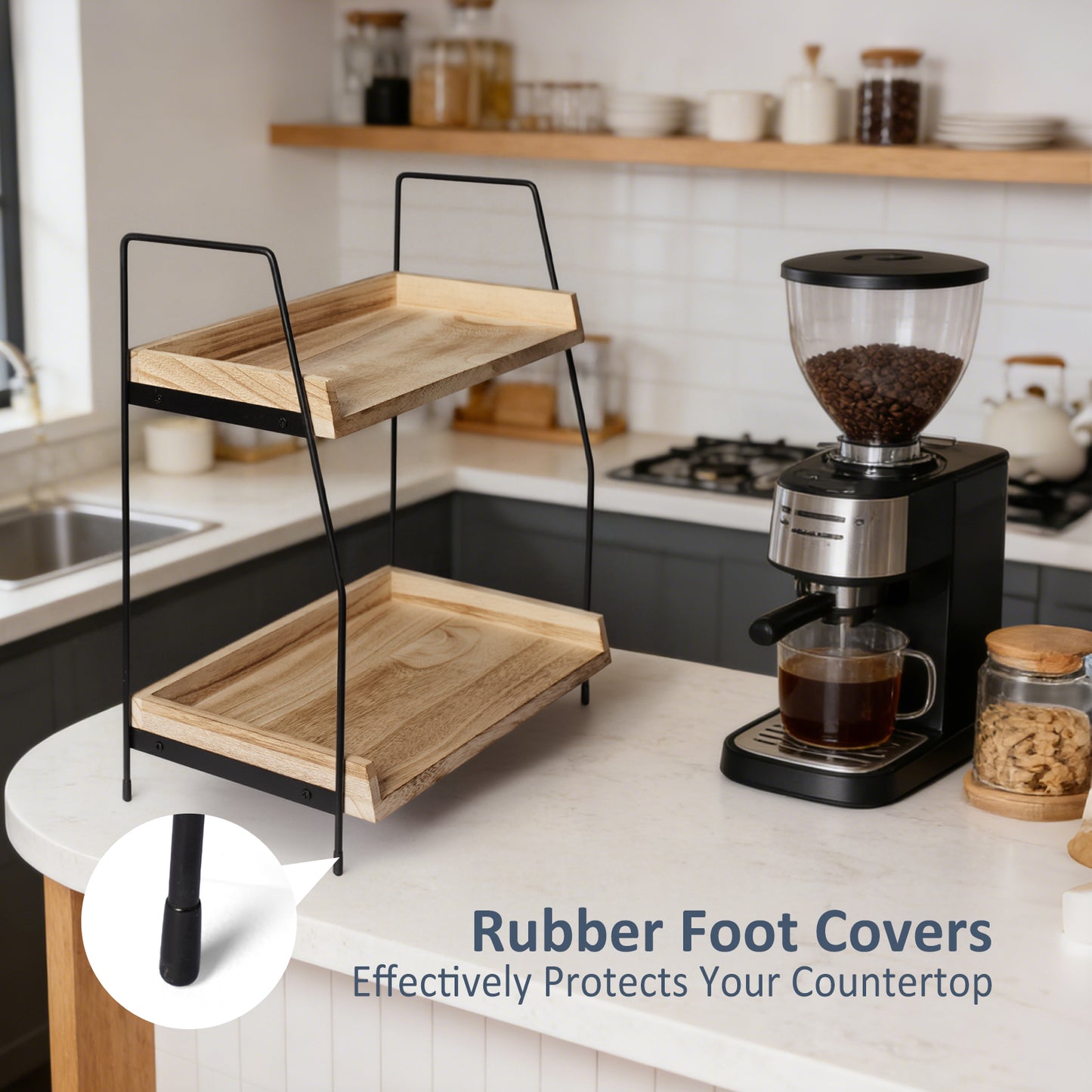 2-Tier Natural Solid Wood & Black Metal Countertop Organizer, 15" H Vertical Storage Rack for Kitchen, Bathroom & Office