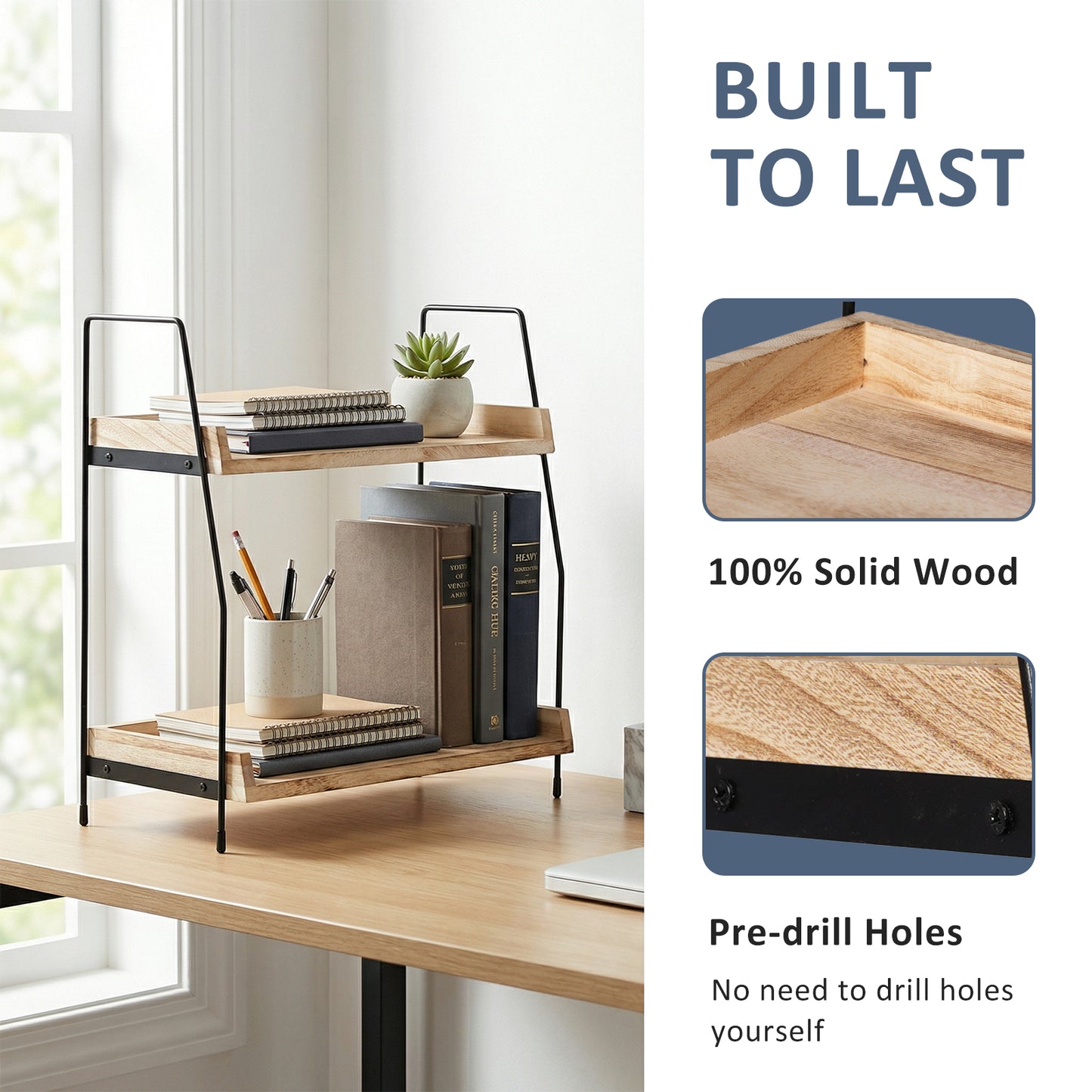 2-Tier Natural Solid Wood & Black Metal Countertop Organizer, 15" H Vertical Storage Rack for Kitchen, Bathroom & Office
