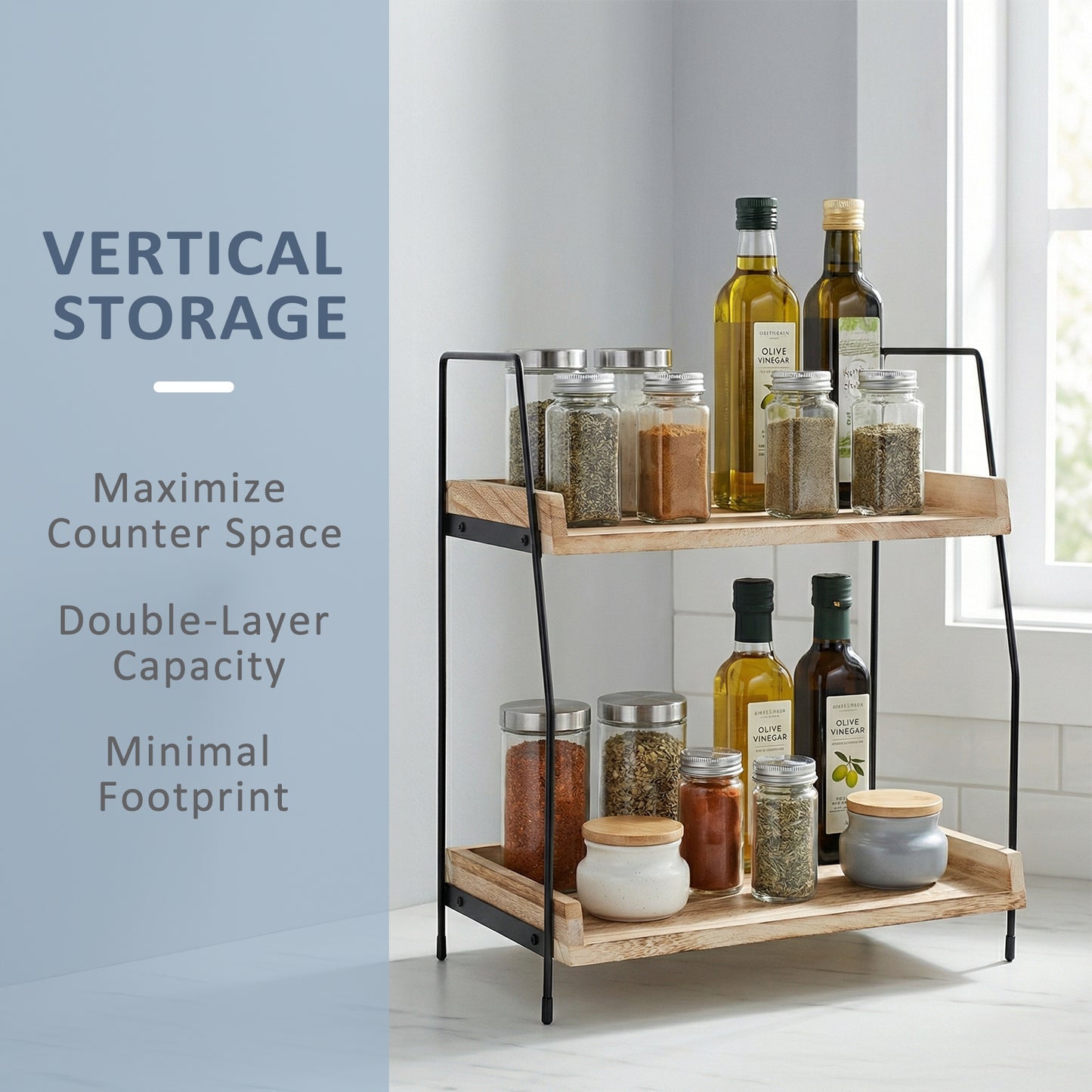 2-Tier Natural Solid Wood & Black Metal Countertop Organizer, 15" H Vertical Storage Rack for Kitchen, Bathroom & Office