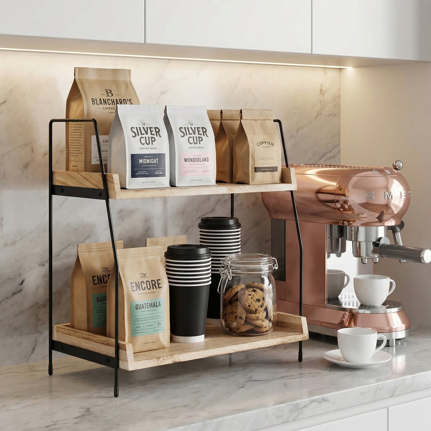 2-Tier Natural Solid Wood & Black Metal Countertop Organizer, 15" H Vertical Storage Rack for Kitchen, Bathroom & Office