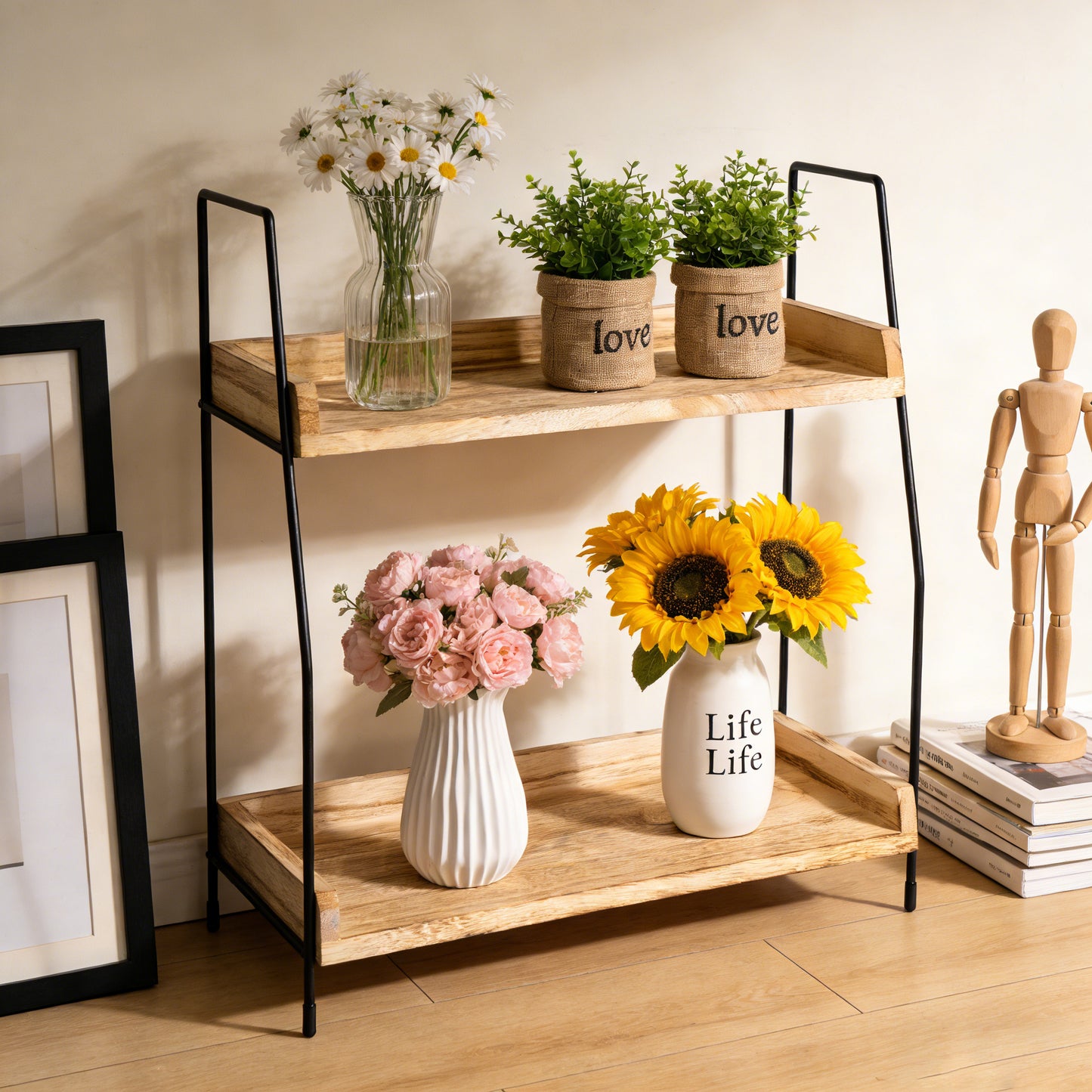 2-Tier Natural Solid Wood & Black Metal Countertop Organizer, 15" H Vertical Storage Rack for Kitchen, Bathroom & Office
