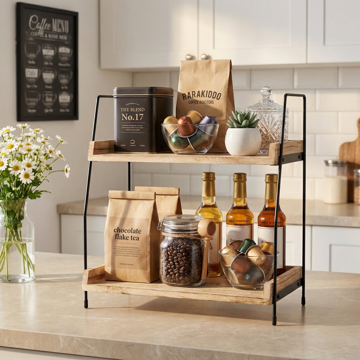 2-Tier Natural Solid Wood & Black Metal Countertop Organizer, 15" H Vertical Storage Rack for Kitchen, Bathroom & Office