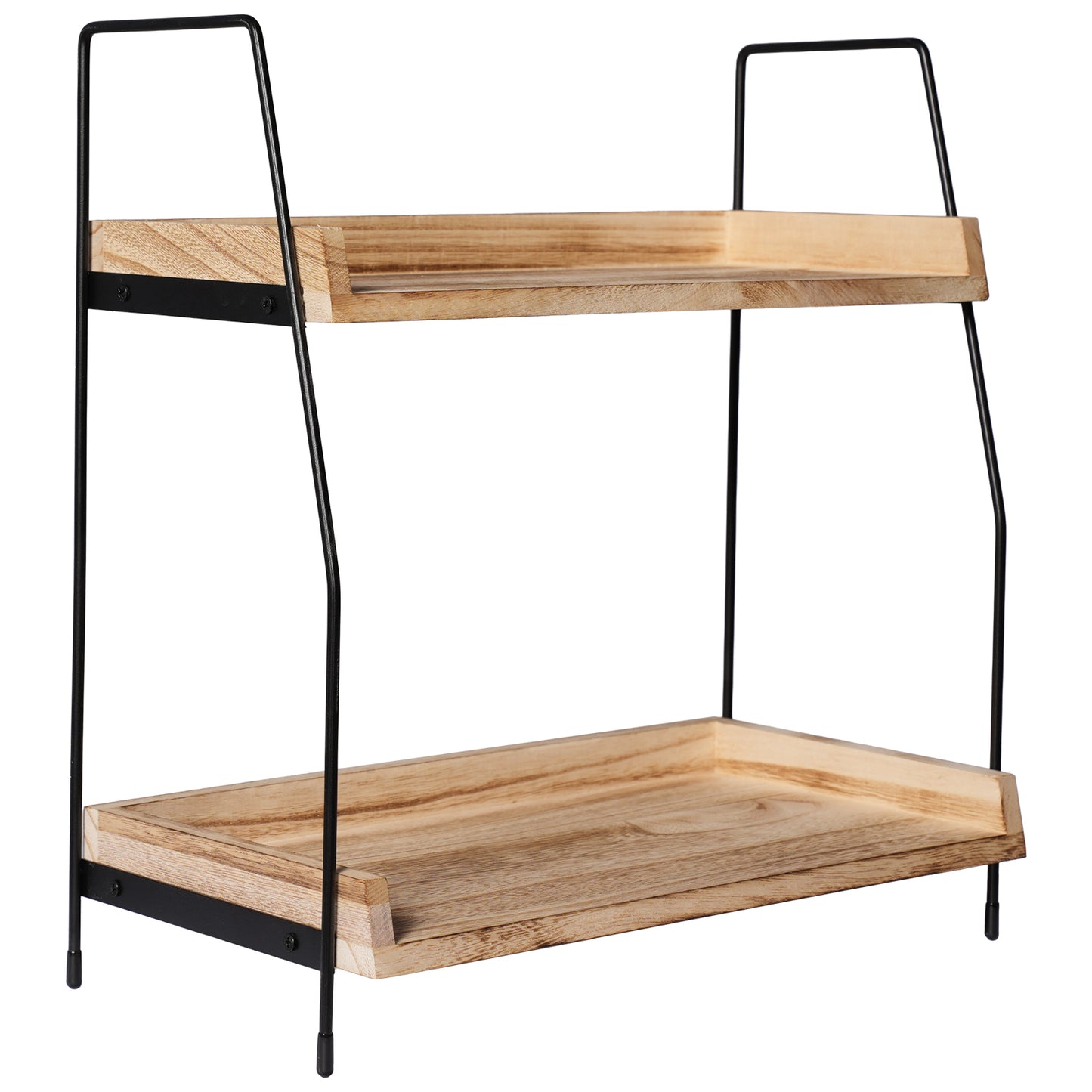 2-Tier Natural Solid Wood & Black Metal Countertop Organizer, 15" H Vertical Storage Rack for Kitchen, Bathroom & Office