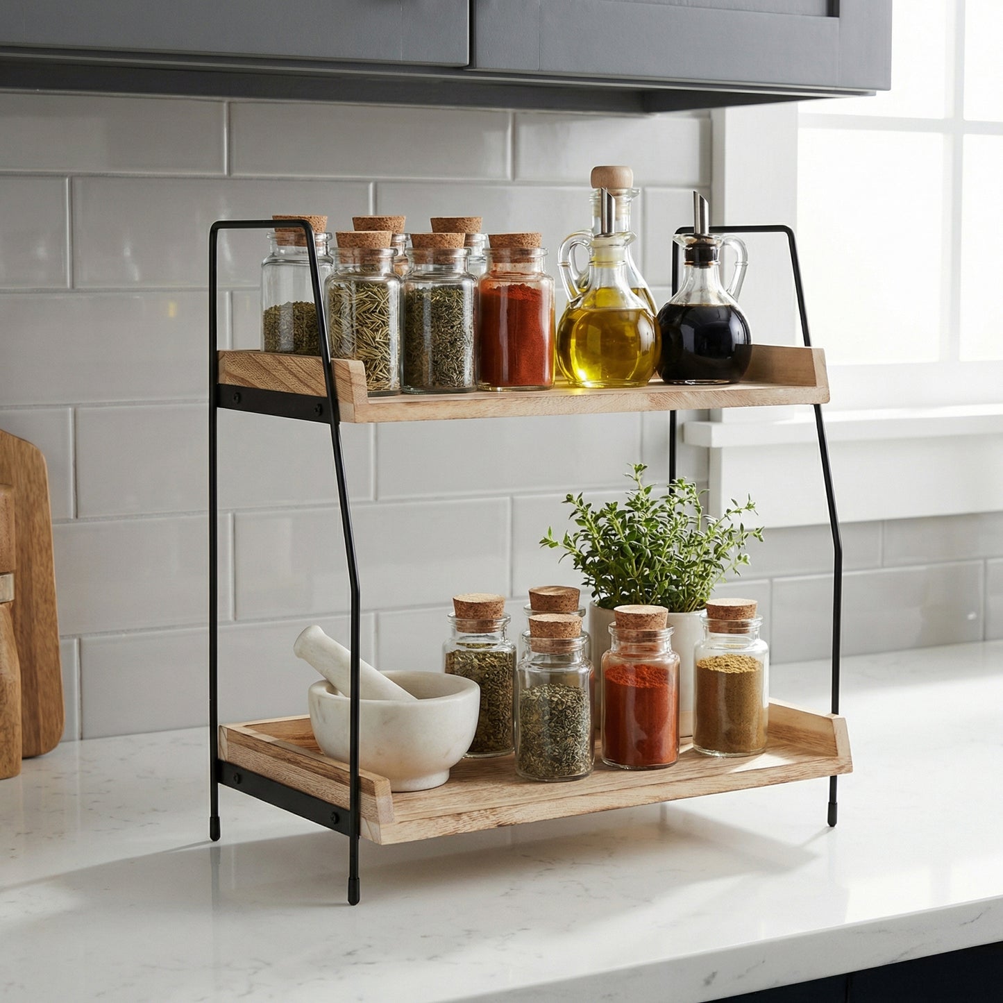 2-Tier Natural Solid Wood & Black Metal Countertop Organizer, 15" H Vertical Storage Rack for Kitchen, Bathroom & Office