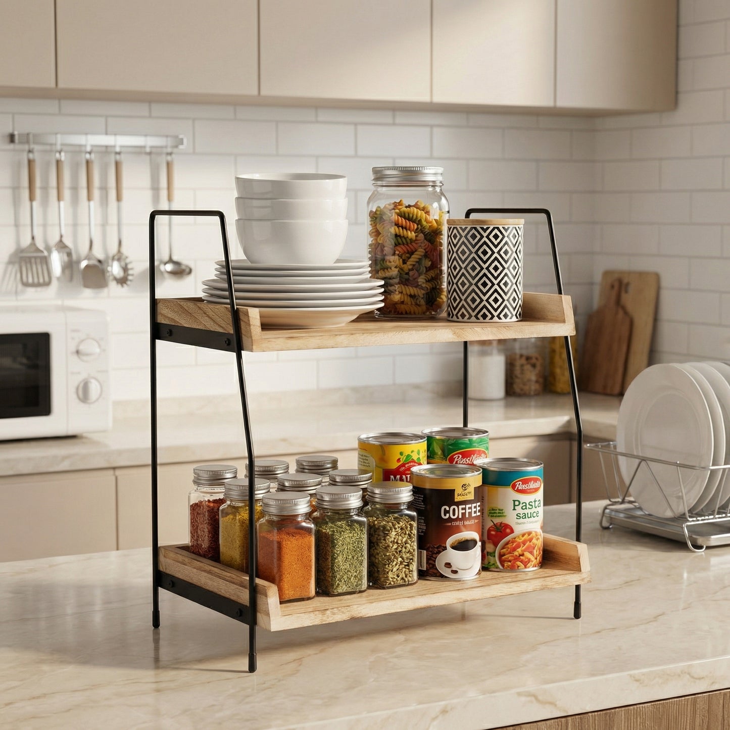 2-Tier Natural Solid Wood & Black Metal Countertop Organizer, 15" H Vertical Storage Rack for Kitchen, Bathroom & Office