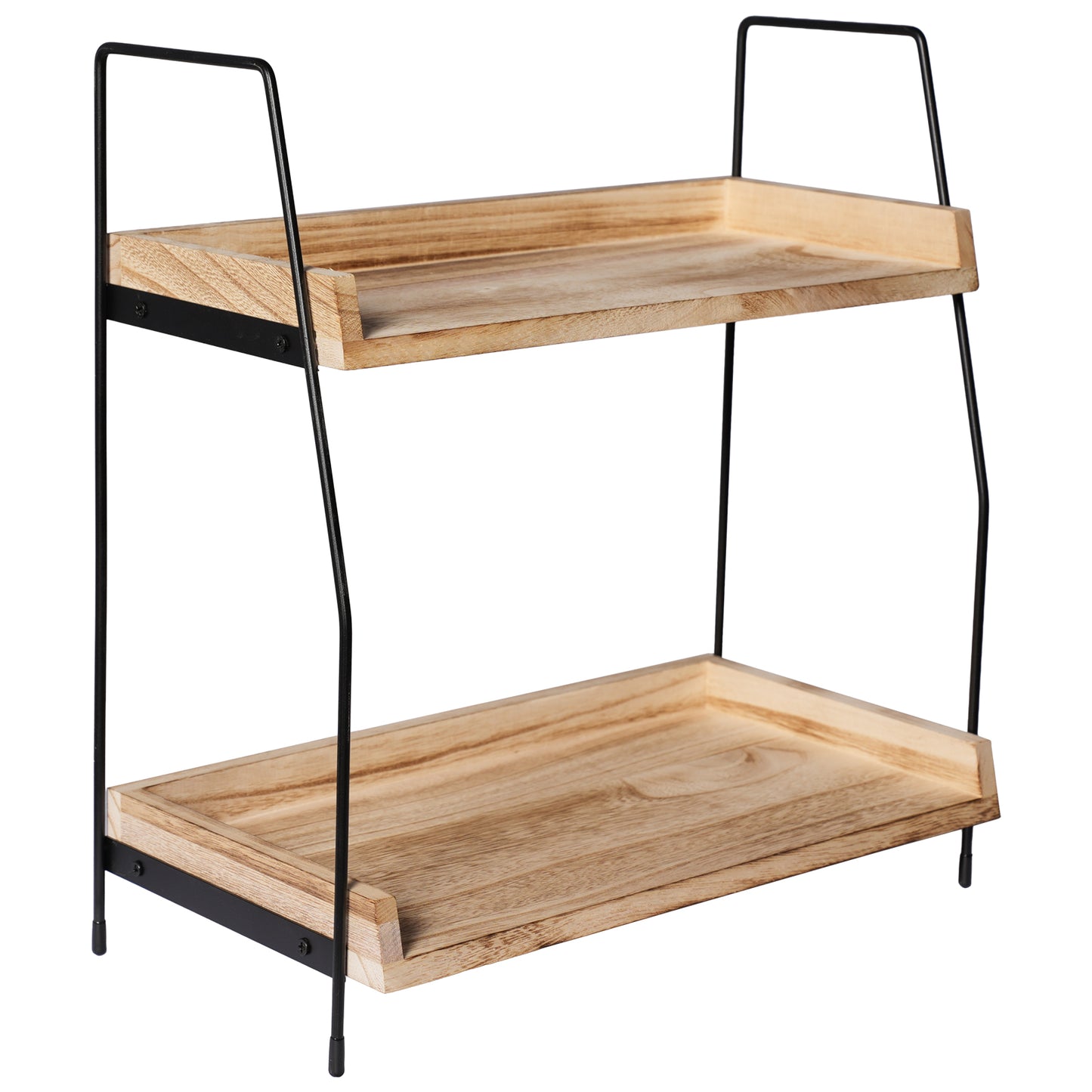 2-Tier Natural Solid Wood & Black Metal Countertop Organizer, 15" H Vertical Storage Rack for Kitchen, Bathroom & Office