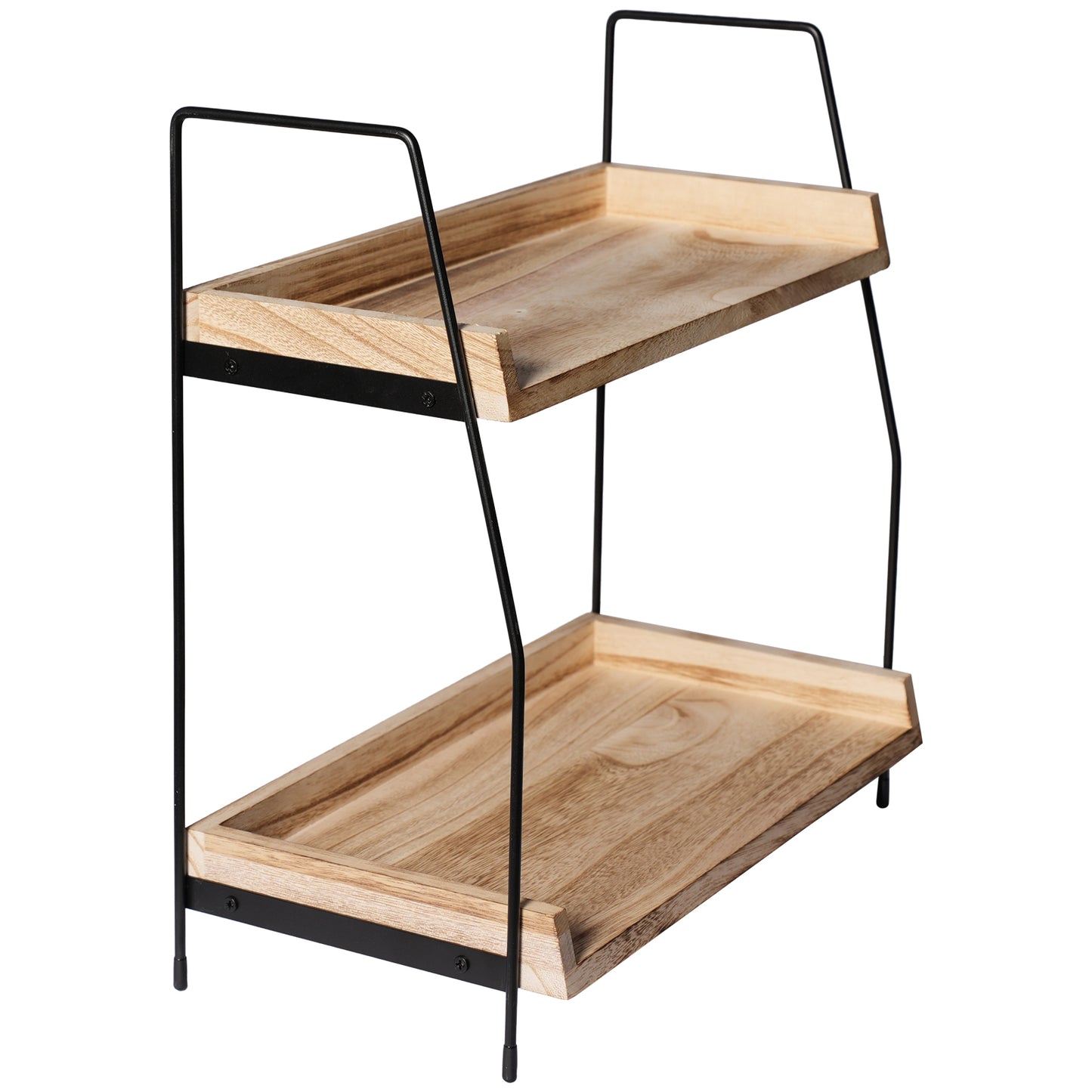 2-Tier Natural Solid Wood & Black Metal Countertop Organizer, 15" H Vertical Storage Rack for Kitchen, Bathroom & Office