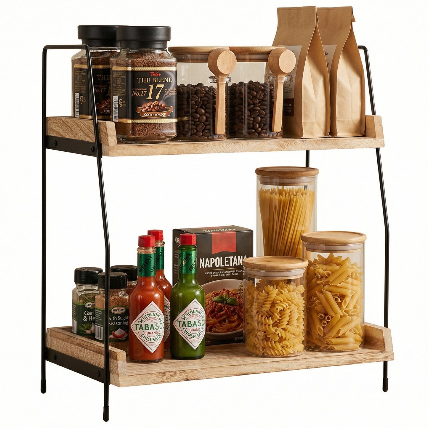 2-Tier Natural Solid Wood & Black Metal Countertop Organizer, 15" H Vertical Storage Rack for Kitchen, Bathroom & Office