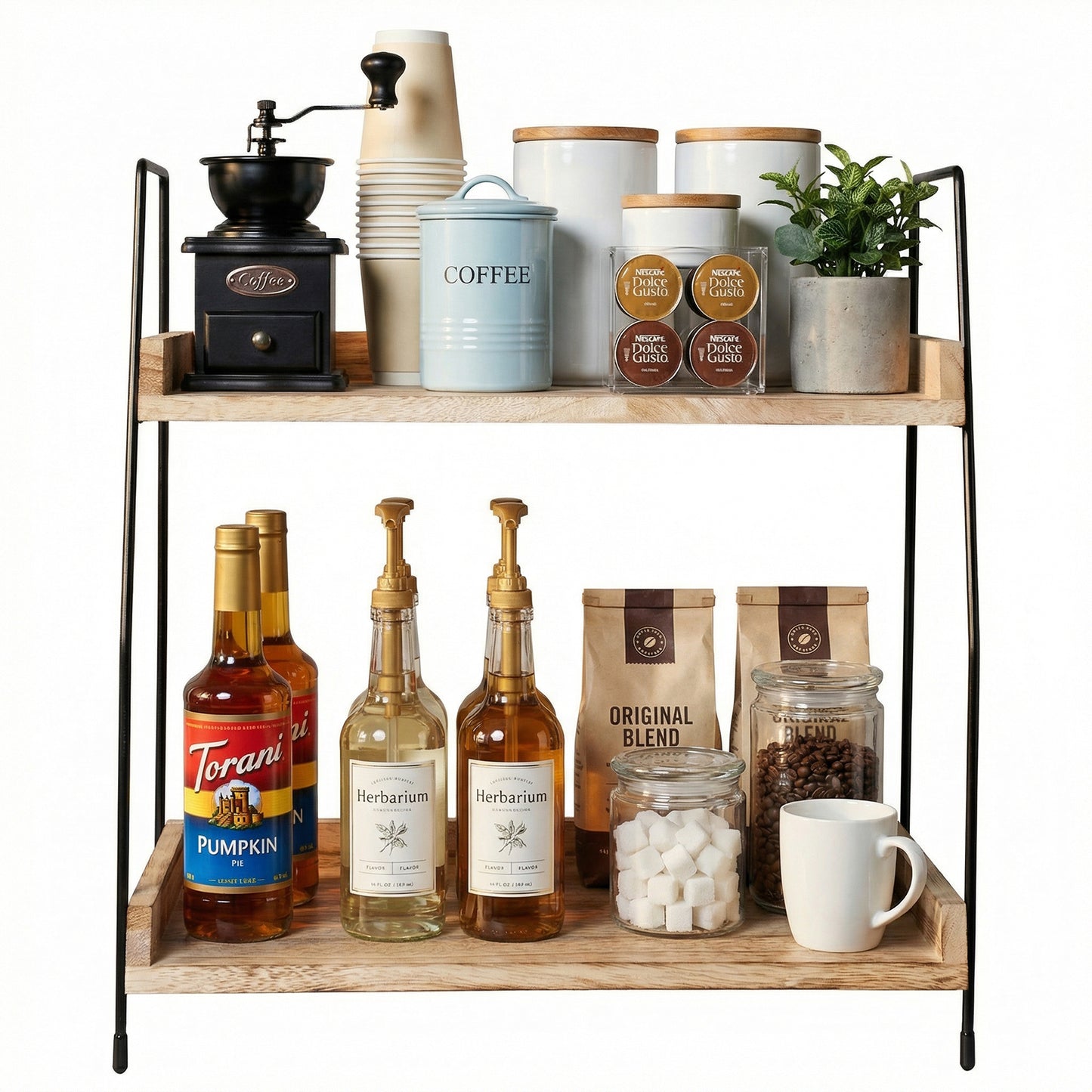 2-Tier Natural Solid Wood & Black Metal Countertop Organizer, 15" H Vertical Storage Rack for Kitchen, Bathroom & Office