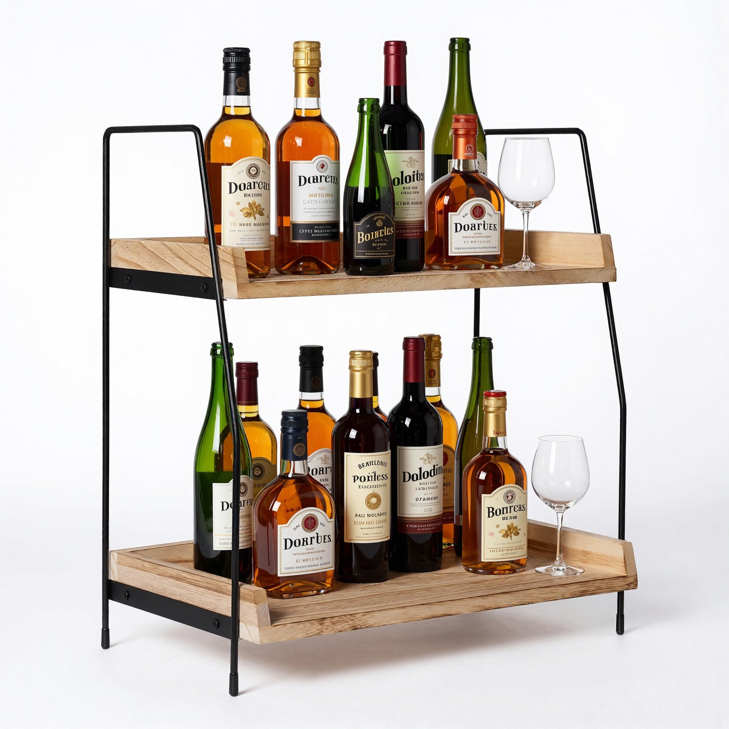 2-Tier Natural Solid Wood & Black Metal Countertop Organizer, 15" H Vertical Storage Rack for Kitchen, Bathroom & Office