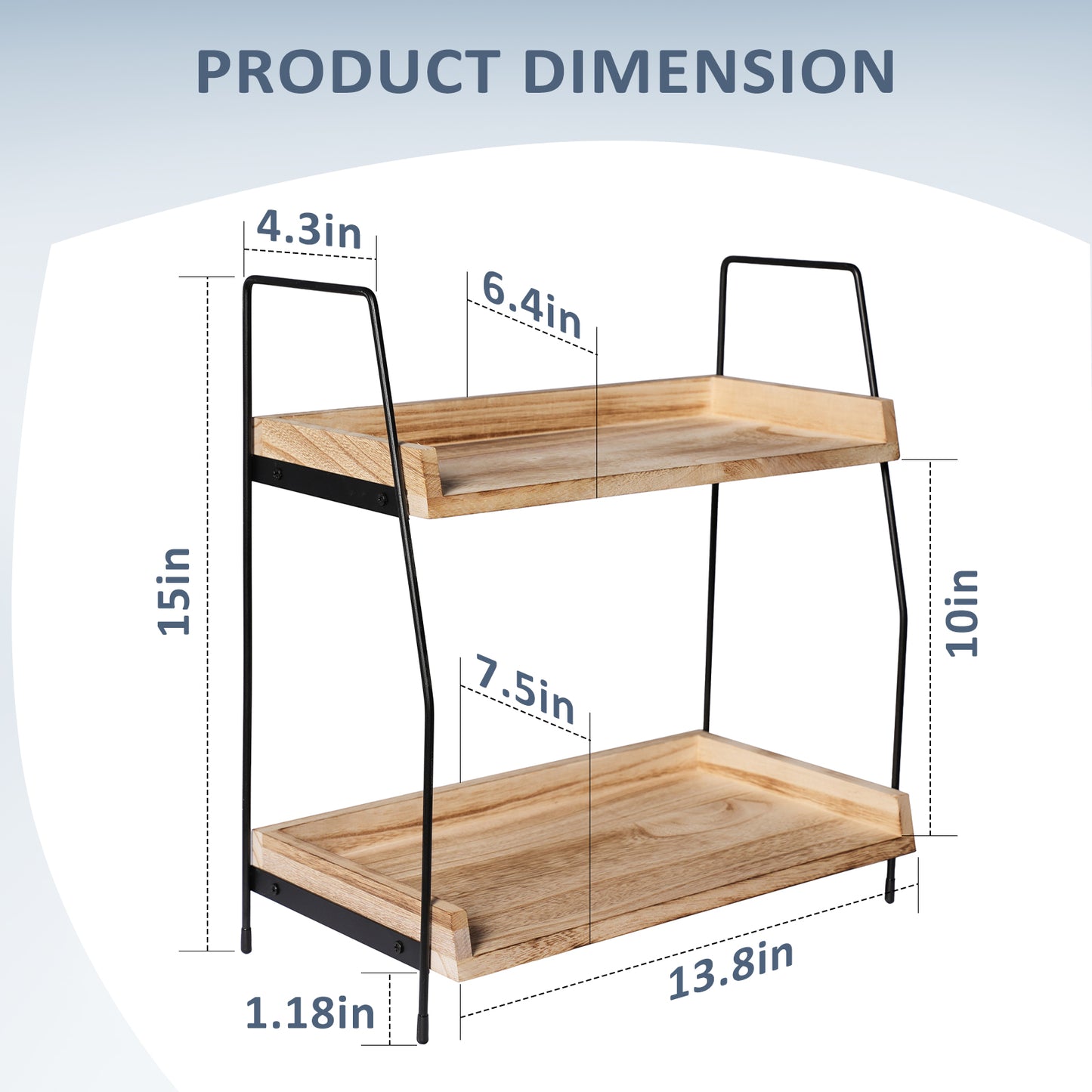 2-Tier Natural Solid Wood & Black Metal Countertop Organizer, 15" H Vertical Storage Rack for Kitchen, Bathroom & Office