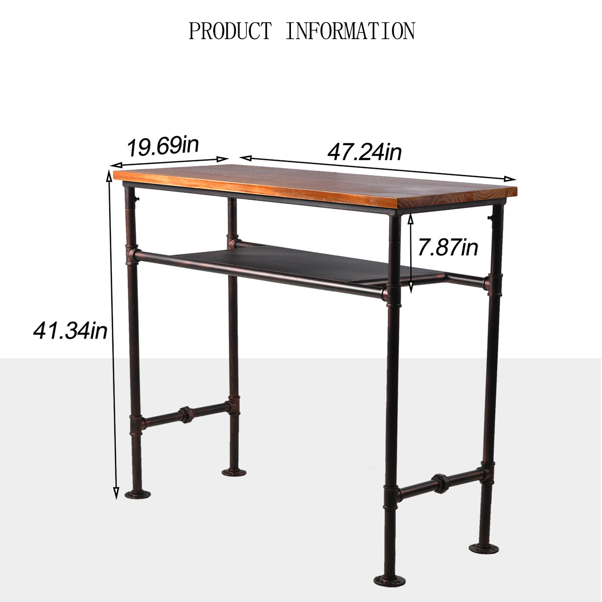 Bar Table 47.24" High Top, Bar Height Pub Table Sofa Console Table Rectangular Kitchen & Dining Coffee Table, Heavy Duty Metal Pipe, Vintage Industrial, Rustic Brown, with Extra Shelf for Storage（Copper）