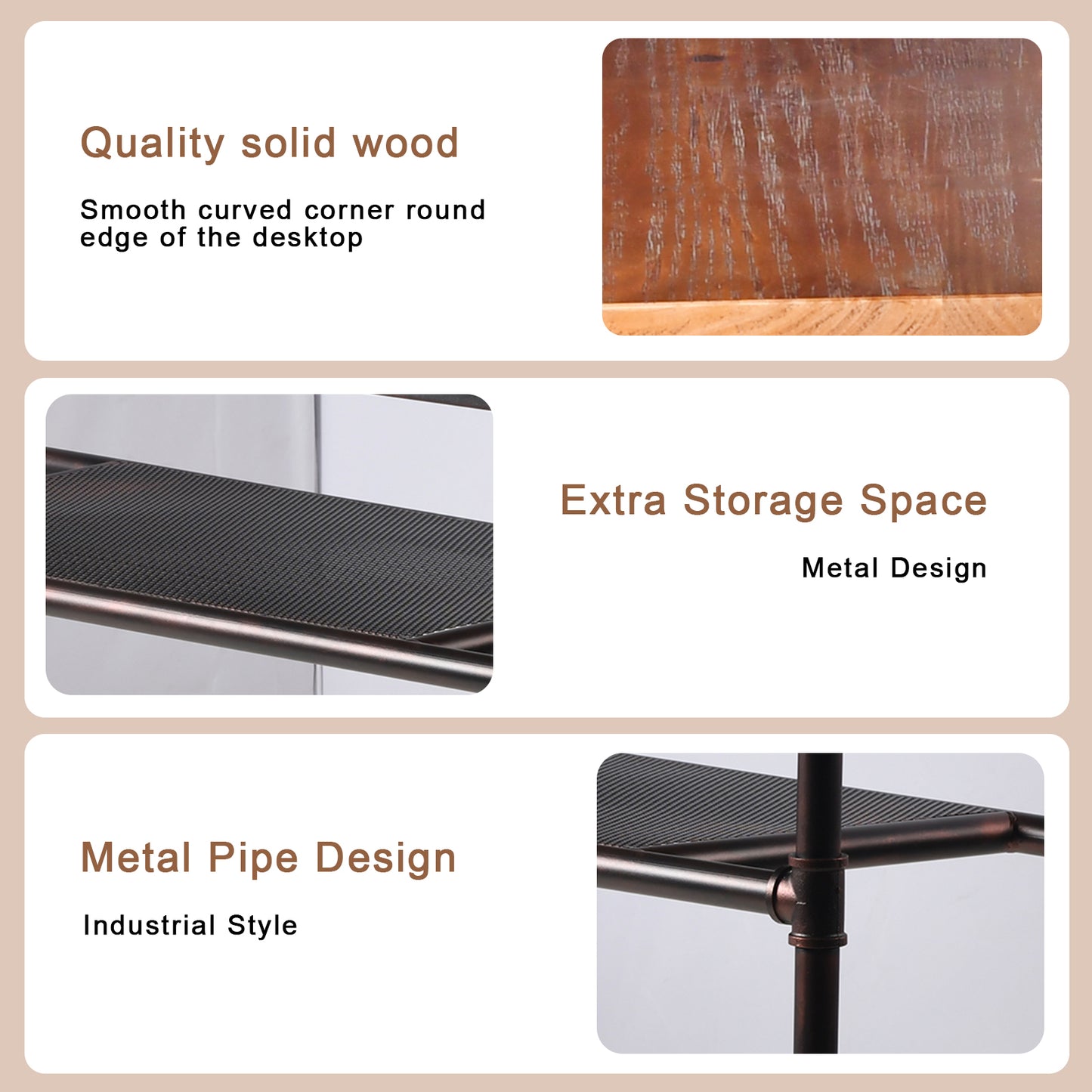 Bar Table 47.24" High Top, Bar Height Pub Table Sofa Console Table Rectangular Kitchen & Dining Coffee Table, Heavy Duty Metal Pipe, Vintage Industrial, Rustic Brown, with Extra Shelf for Storage（Copper）