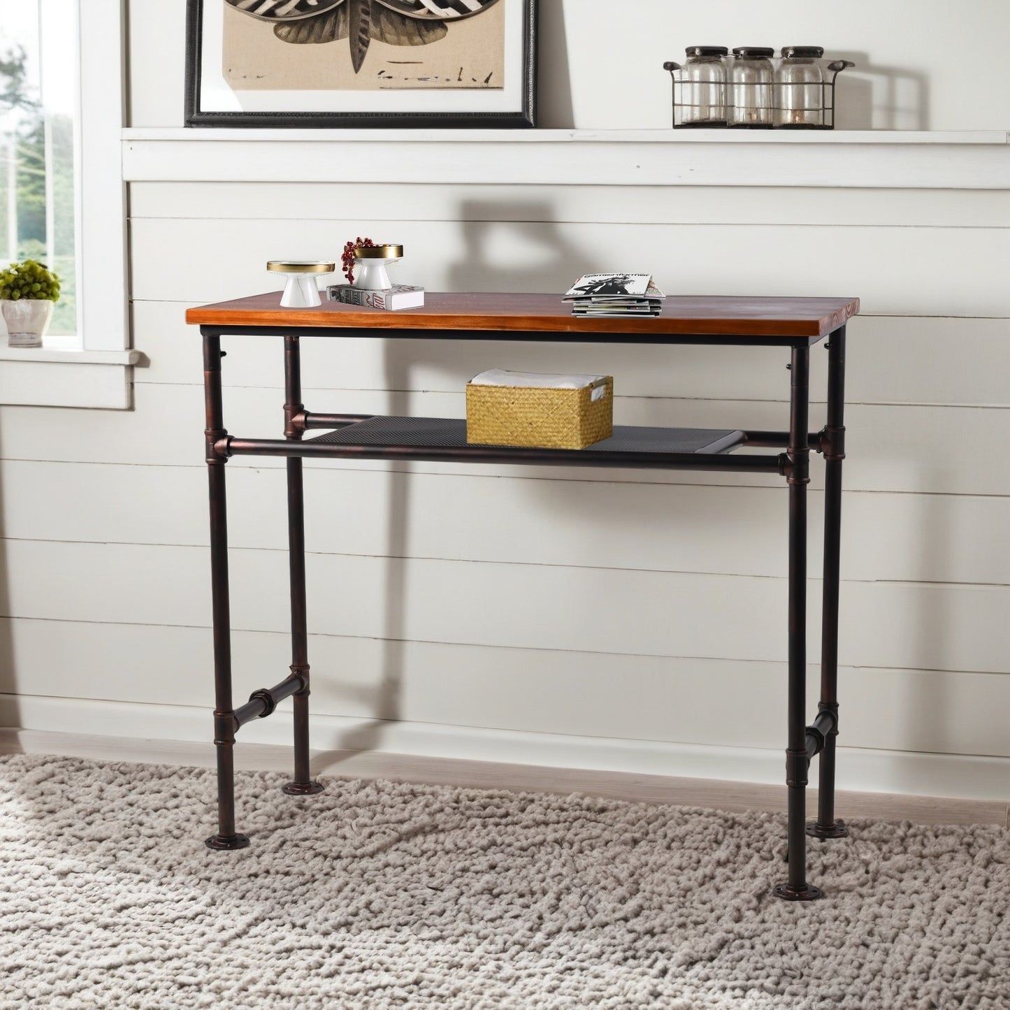 Bar Table 47.24" High Top, Bar Height Pub Table Sofa Console Table Rectangular Kitchen & Dining Coffee Table, Heavy Duty Metal Pipe, Vintage Industrial, Rustic Brown, with Extra Shelf for Storage（Copper）