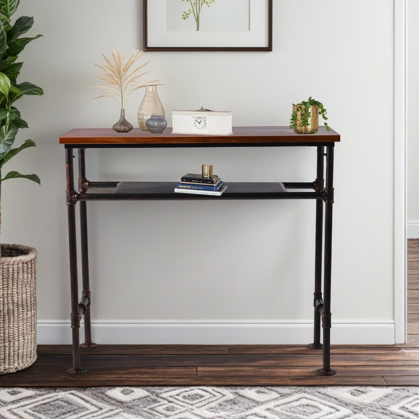 Bar Table 47.24" High Top, Bar Height Pub Table Sofa Console Table Rectangular Kitchen & Dining Coffee Table, Heavy Duty Metal Pipe, Vintage Industrial, Rustic Brown, with Extra Shelf for Storage（Copper）