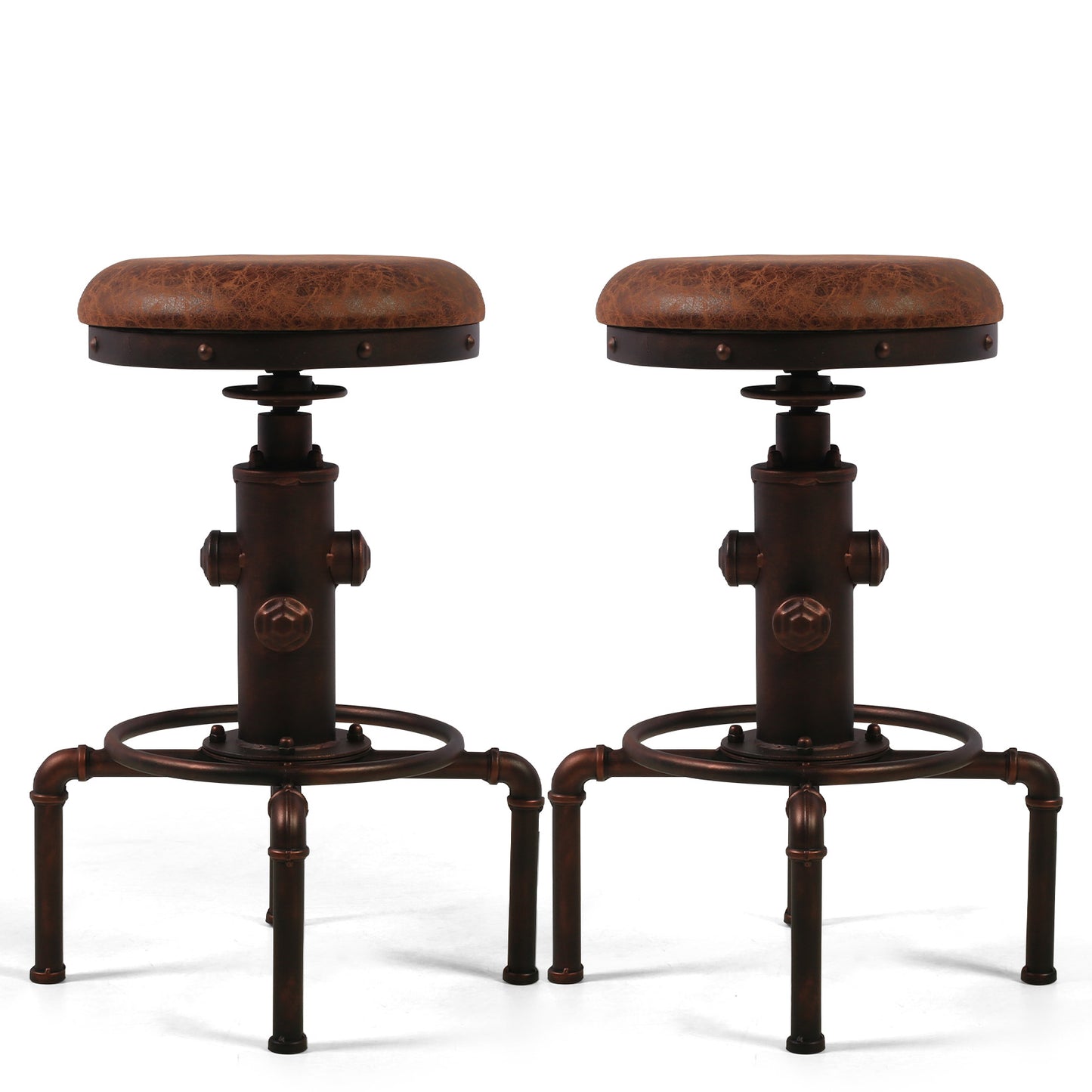 Set of 2,Antique Vintage Industrial Bar Stool PU Leather Water Pipe Fire Hydrant Design Cafe Coffee Industrial Bar Stool