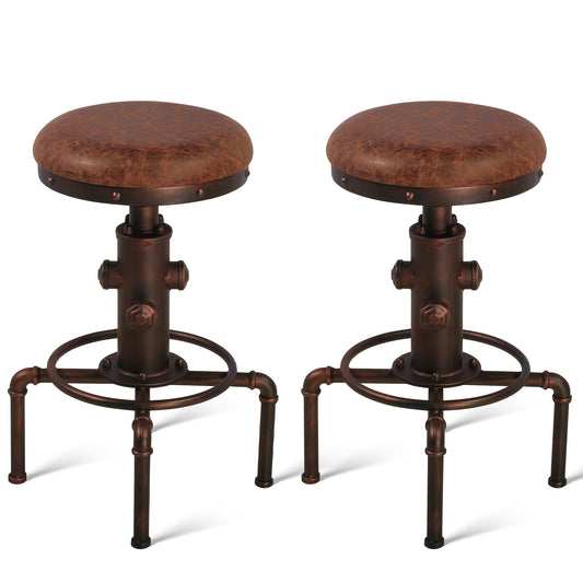 Set of 2,Antique Vintage Industrial Bar Stool PU Leather Water Pipe Fire Hydrant Design Cafe Coffee Industrial Bar Stool