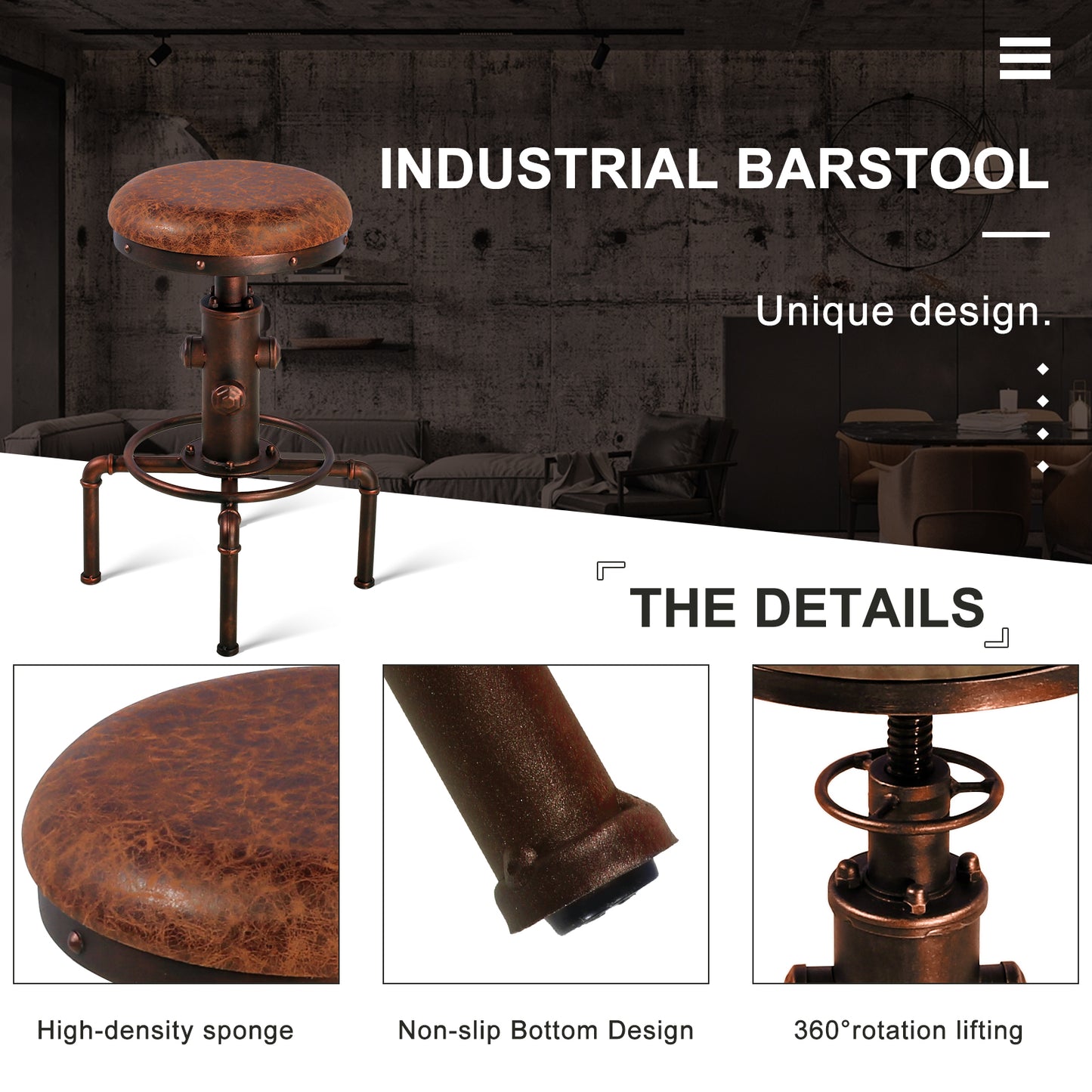 Set of 2,Antique Vintage Industrial Bar Stool PU Leather Water Pipe Fire Hydrant Design Cafe Coffee Industrial Bar Stool