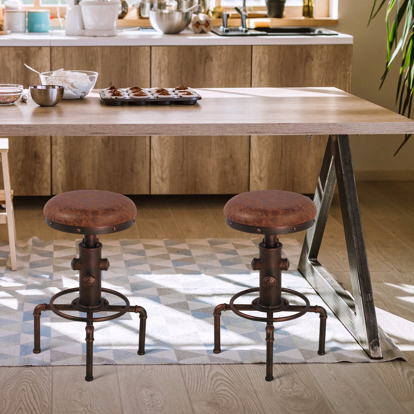 Set of 2,Antique Vintage Industrial Bar Stool PU Leather Water Pipe Fire Hydrant Design Cafe Coffee Industrial Bar Stool
