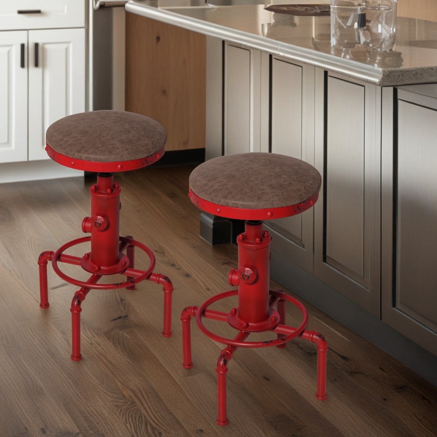Set of 2,Antique Vintage Industrial Bar Stool PU Leather Water Pipe Fire Hydrant Design Cafe Coffee Industrial Bar Stool
