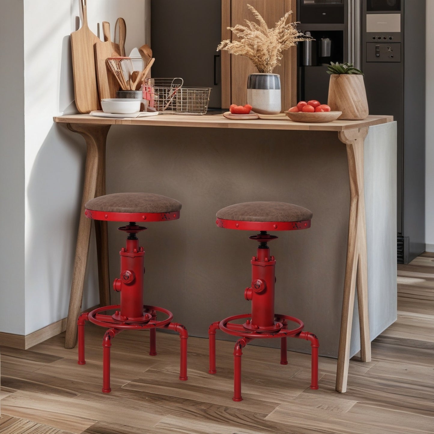 Set of 2,Antique Vintage Industrial Bar Stool PU Leather Water Pipe Fire Hydrant Design Cafe Coffee Industrial Bar Stool