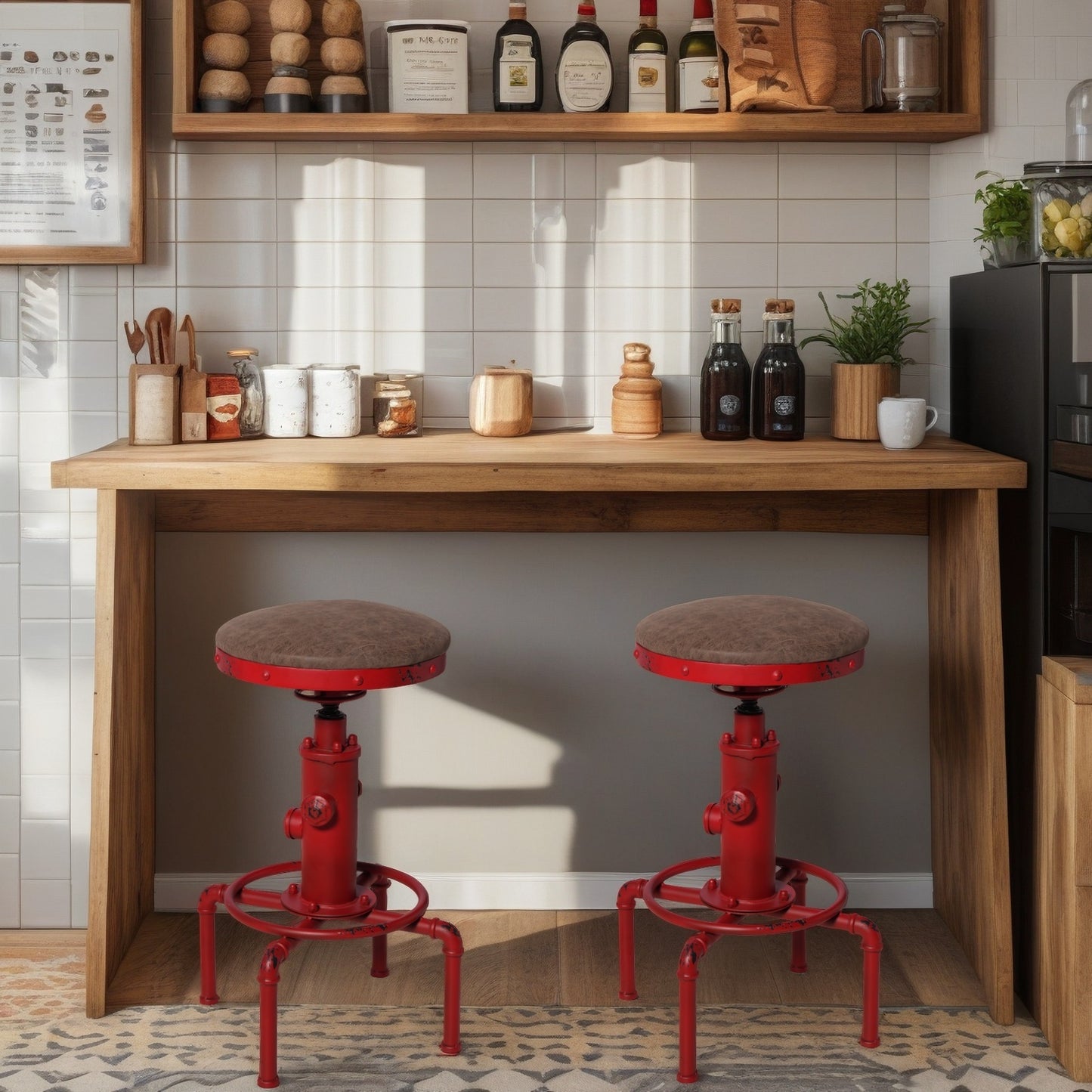 Set of 2,Antique Vintage Industrial Bar Stool PU Leather Water Pipe Fire Hydrant Design Cafe Coffee Industrial Bar Stool