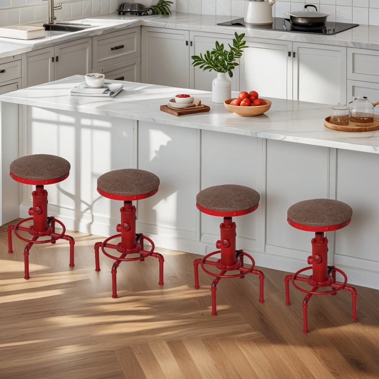 Set of 4,Antique Vintage Industrial Bar Stool PU Leather Water Pipe Fire Hydrant Design Cafe Coffee Industrial Bar Stool