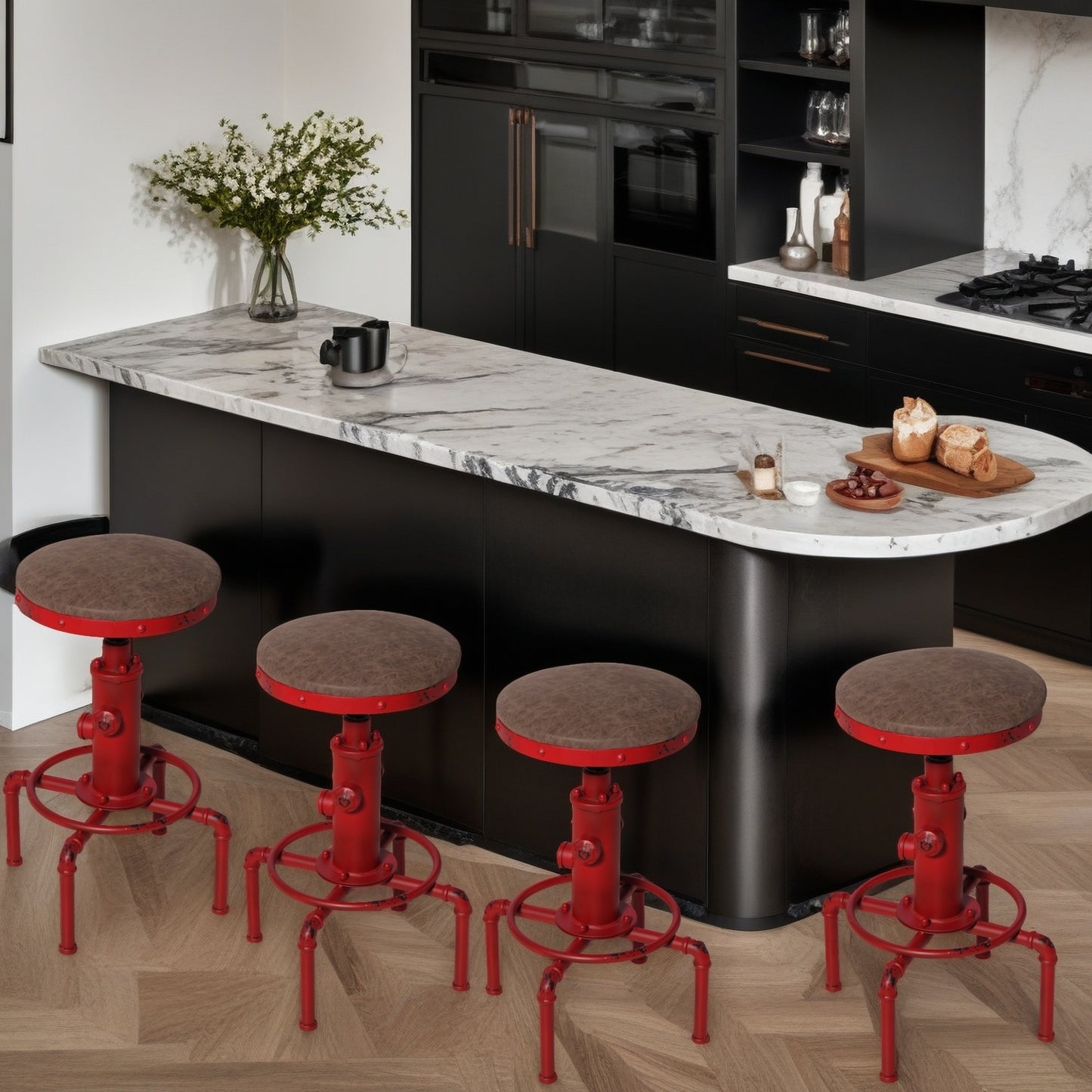 Set of 4,Antique Vintage Industrial Bar Stool PU Leather Water Pipe Fire Hydrant Design Cafe Coffee Industrial Bar Stool