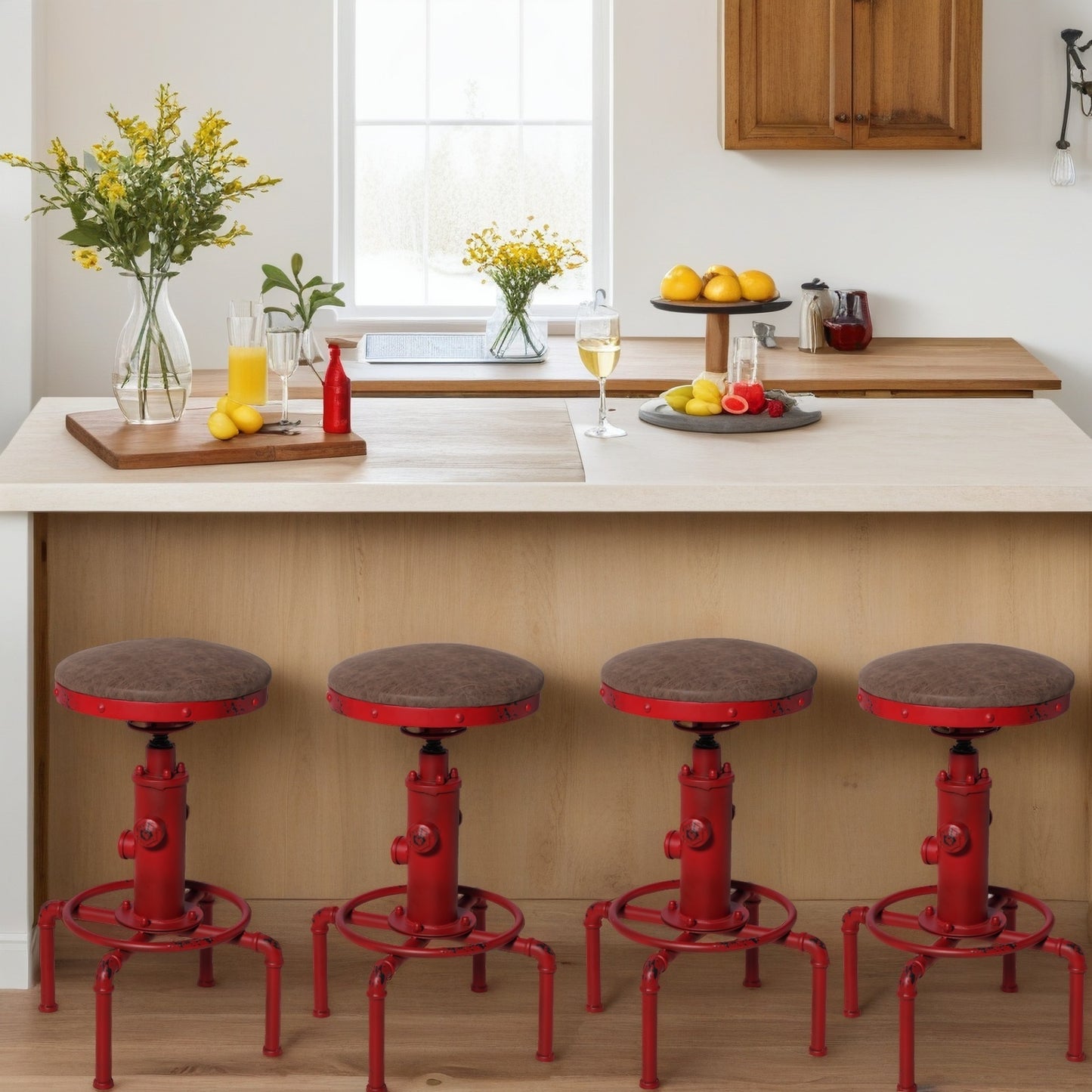 Set of 4,Antique Vintage Industrial Bar Stool PU Leather Water Pipe Fire Hydrant Design Cafe Coffee Industrial Bar Stool