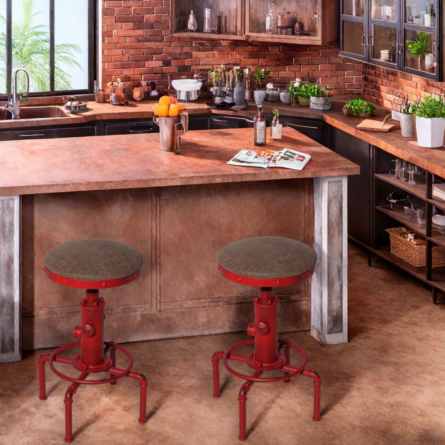 Set of 2,Antique Vintage Industrial Bar Stool PU Leather Water Pipe Fire Hydrant Design Cafe Coffee Industrial Bar Stool