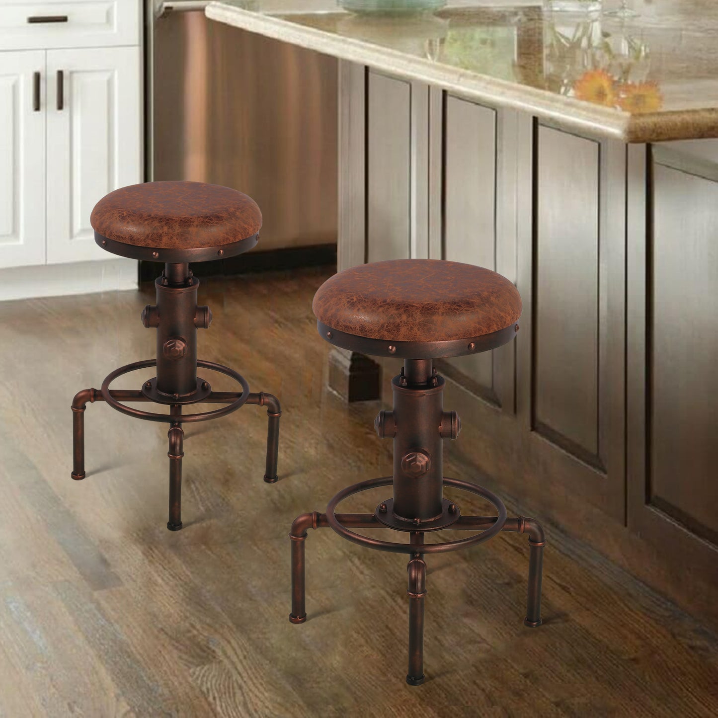 Set of 2,Antique Vintage Industrial Bar Stool PU Leather Water Pipe Fire Hydrant Design Cafe Coffee Industrial Bar Stool