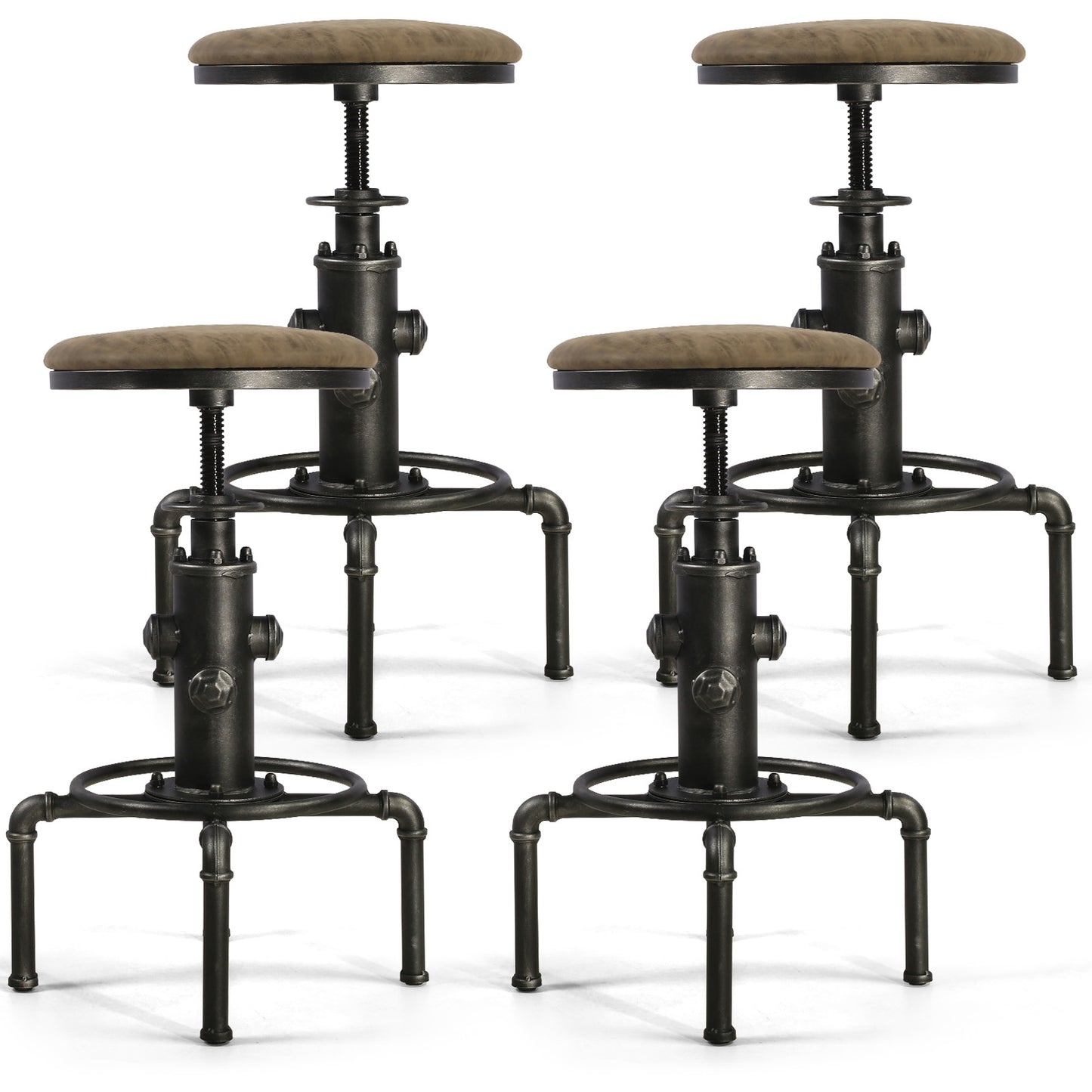 Set of 4,Antique Vintage Industrial Bar Stool PU Leather Water Pipe Fire Hydrant Design Cafe Coffee Industrial Bar Stool
