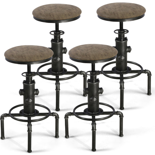 Set of 4,Antique Vintage Industrial Bar Stool PU Leather Water Pipe Fire Hydrant Design Cafe Coffee Industrial Bar Stool