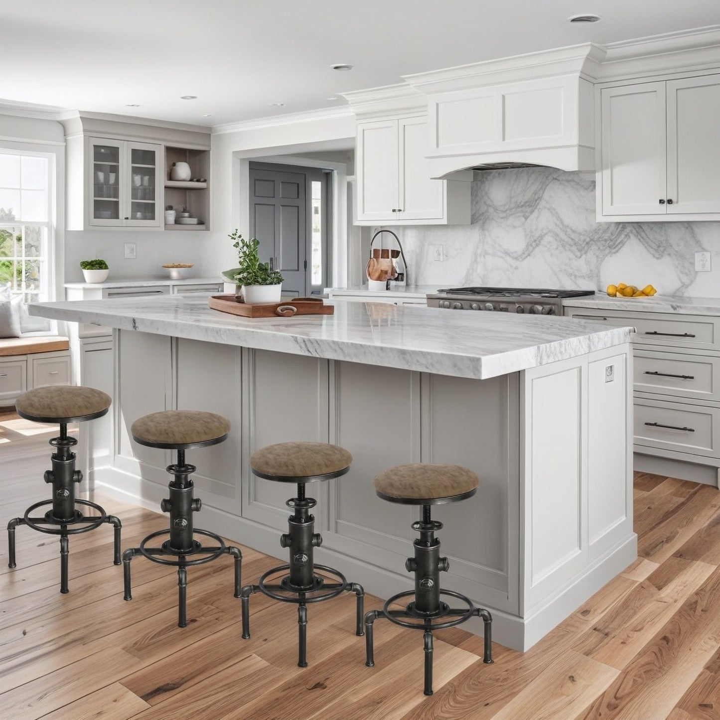 Set of 4,Antique Vintage Industrial Bar Stool PU Leather Water Pipe Fire Hydrant Design Cafe Coffee Industrial Bar Stool