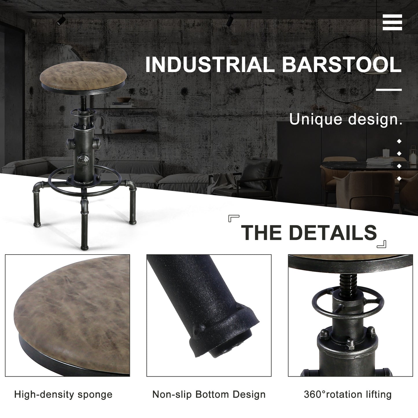 Set of 2,Antique Vintage Industrial Bar Stool PU Leather Water Pipe Fire Hydrant Design Cafe Coffee Industrial Bar Stool