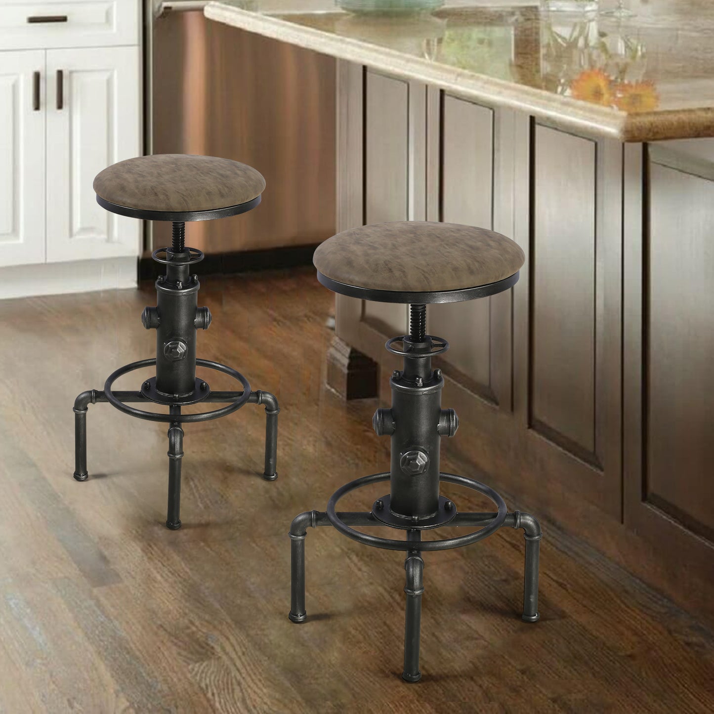 Set of 2,Antique Vintage Industrial Bar Stool PU Leather Water Pipe Fire Hydrant Design Cafe Coffee Industrial Bar Stool