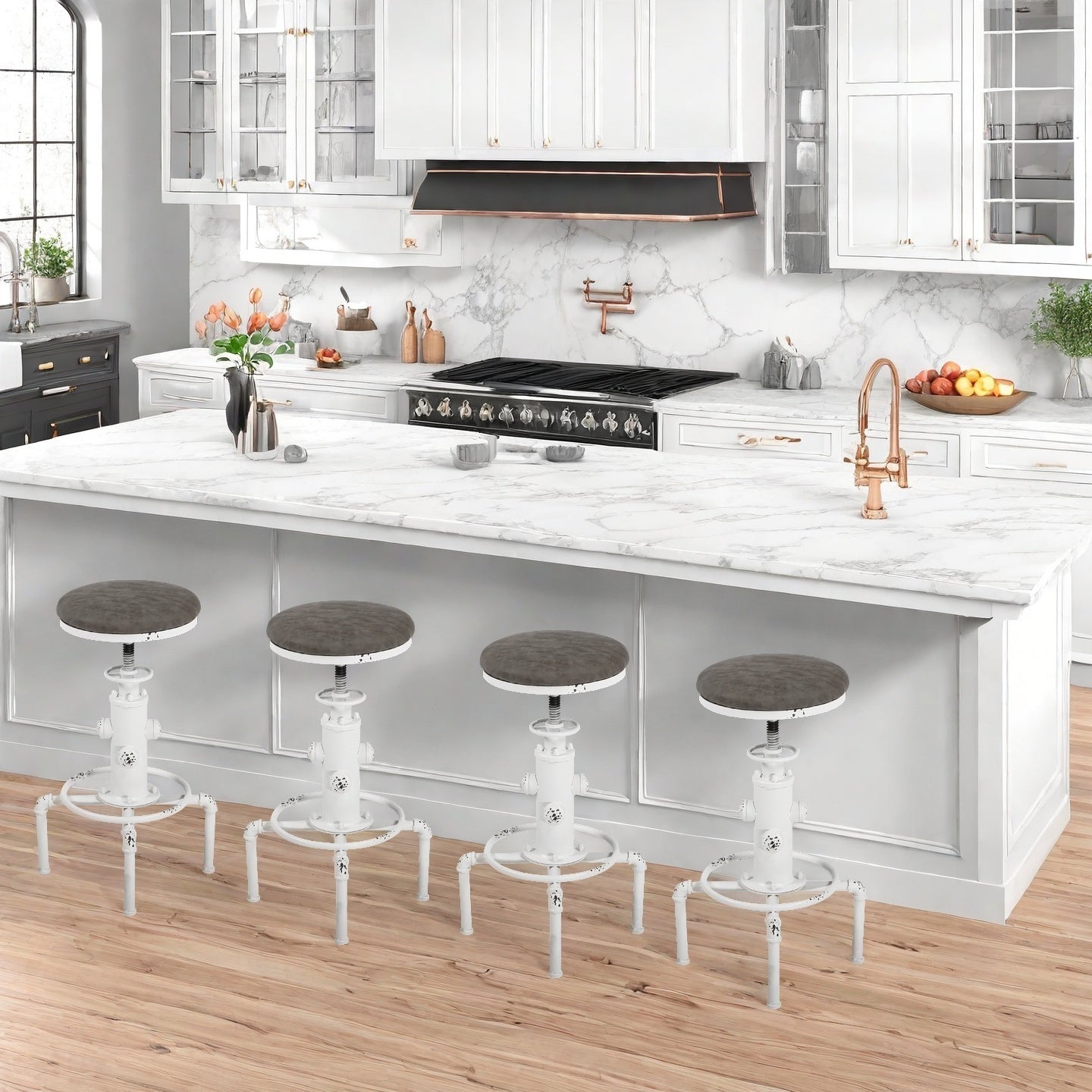 Set of 4,Antique Vintage Industrial Bar Stool PU Leather Water Pipe Fire Hydrant Design Cafe Coffee Industrial Bar Stool