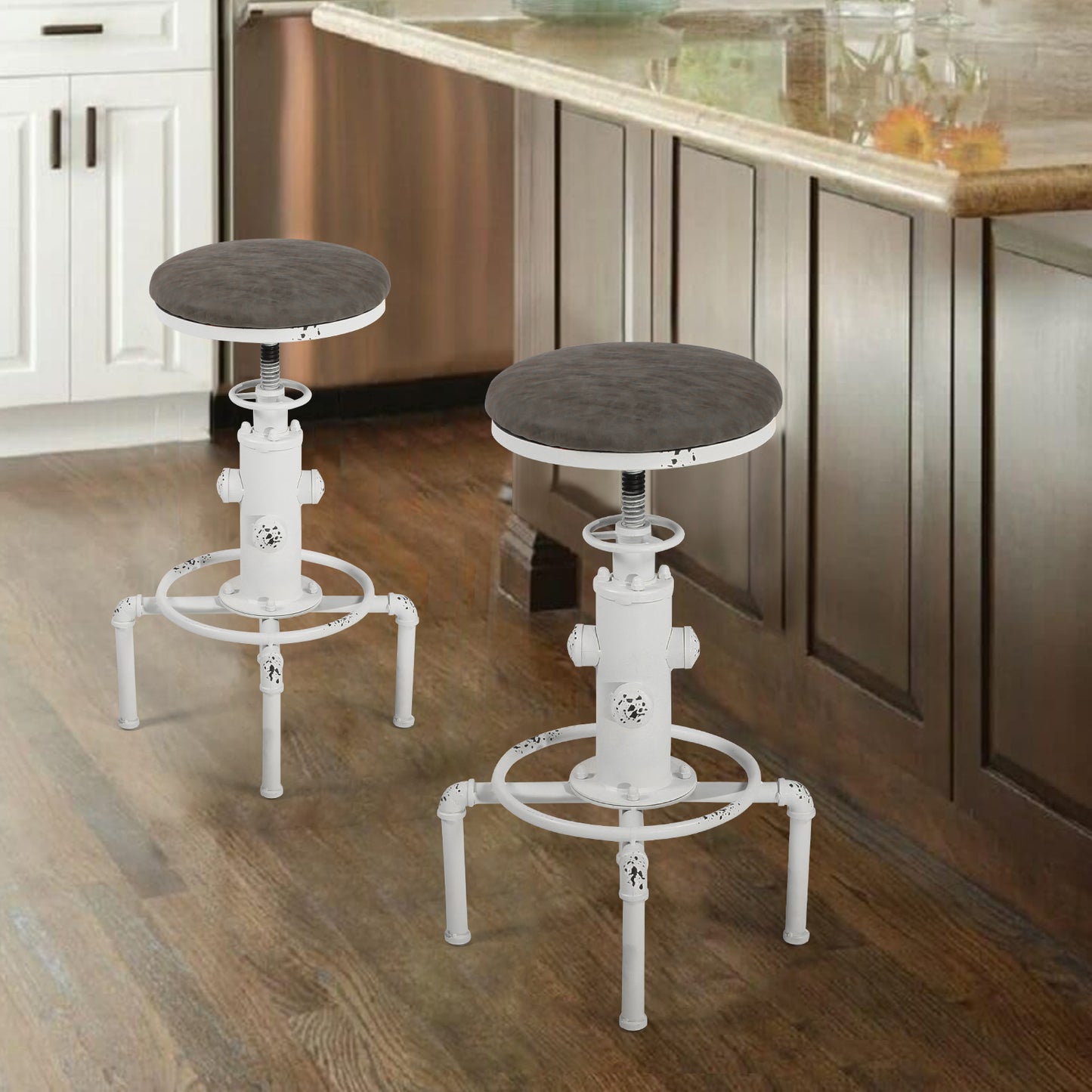 Set of 2,Antique Vintage Industrial Bar Stool PU Leather Water Pipe Fire Hydrant Design Cafe Coffee Industrial Bar Stool