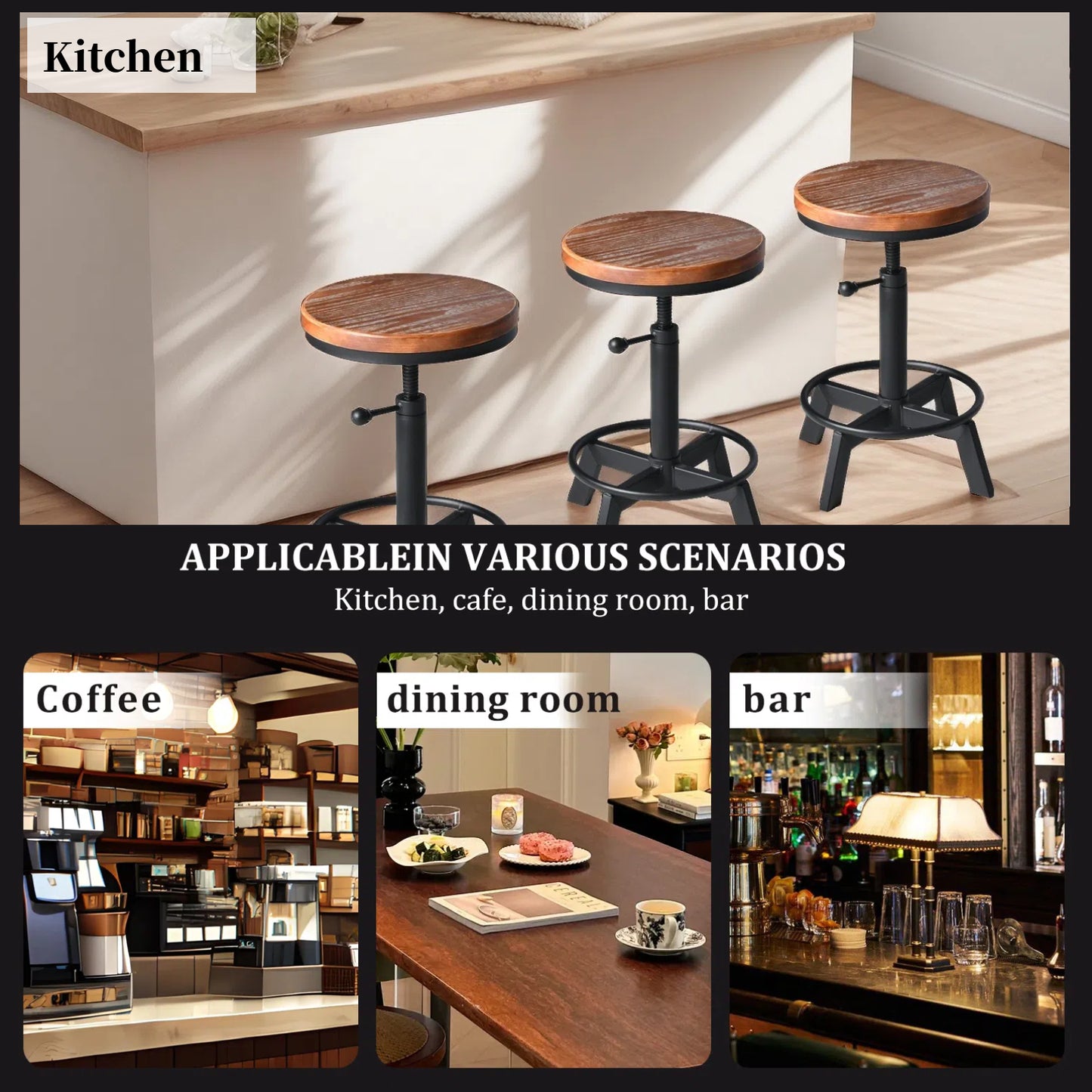 Set of 2，Industrial Bar Stool,Swivel Adjustable Counter Height Stool,Farmhouse Kitchen Stools,17.71"-24.41"