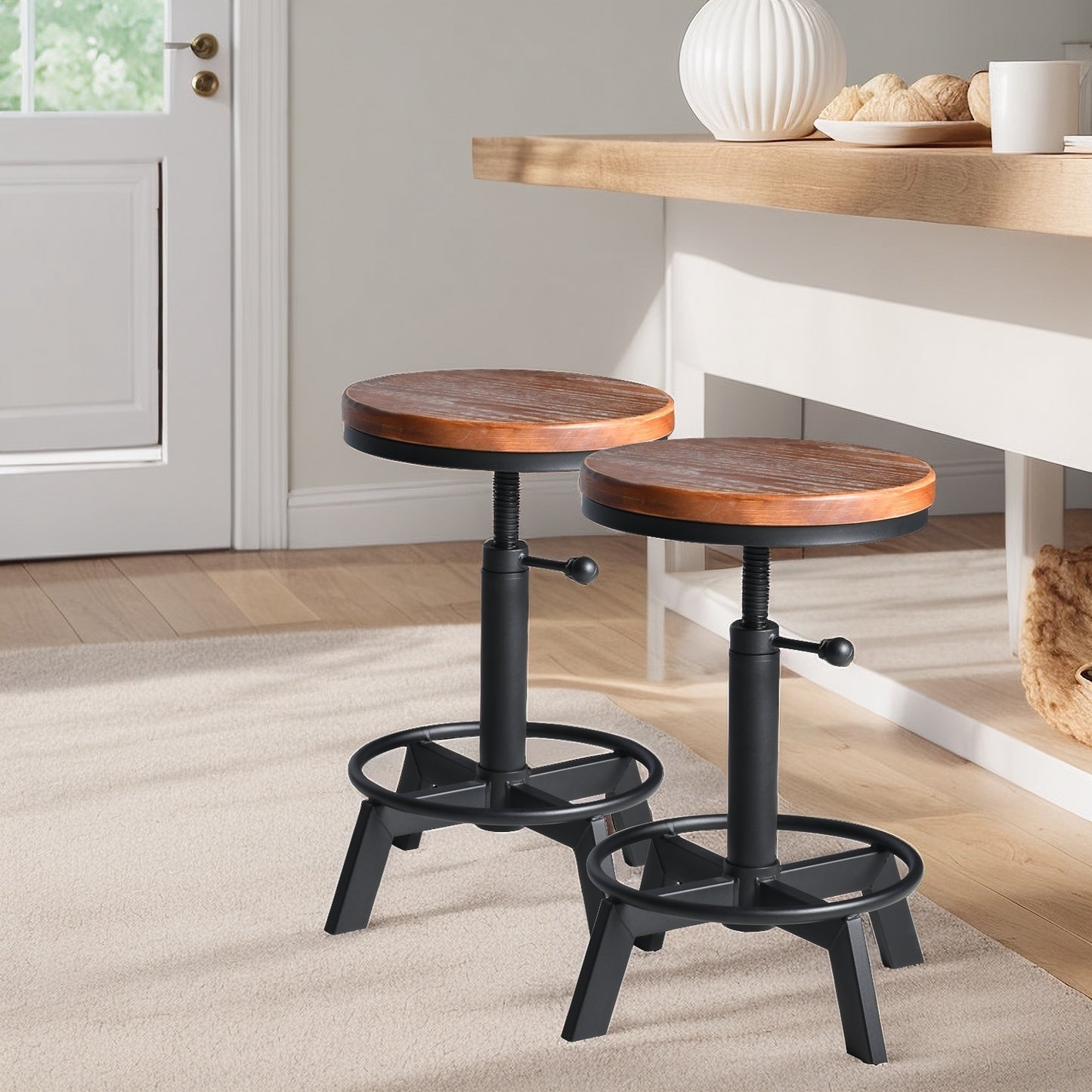 Set of 2，Industrial Bar Stool,Swivel Adjustable Counter Height Stool,Farmhouse Kitchen Stools,17.71"-24.41"