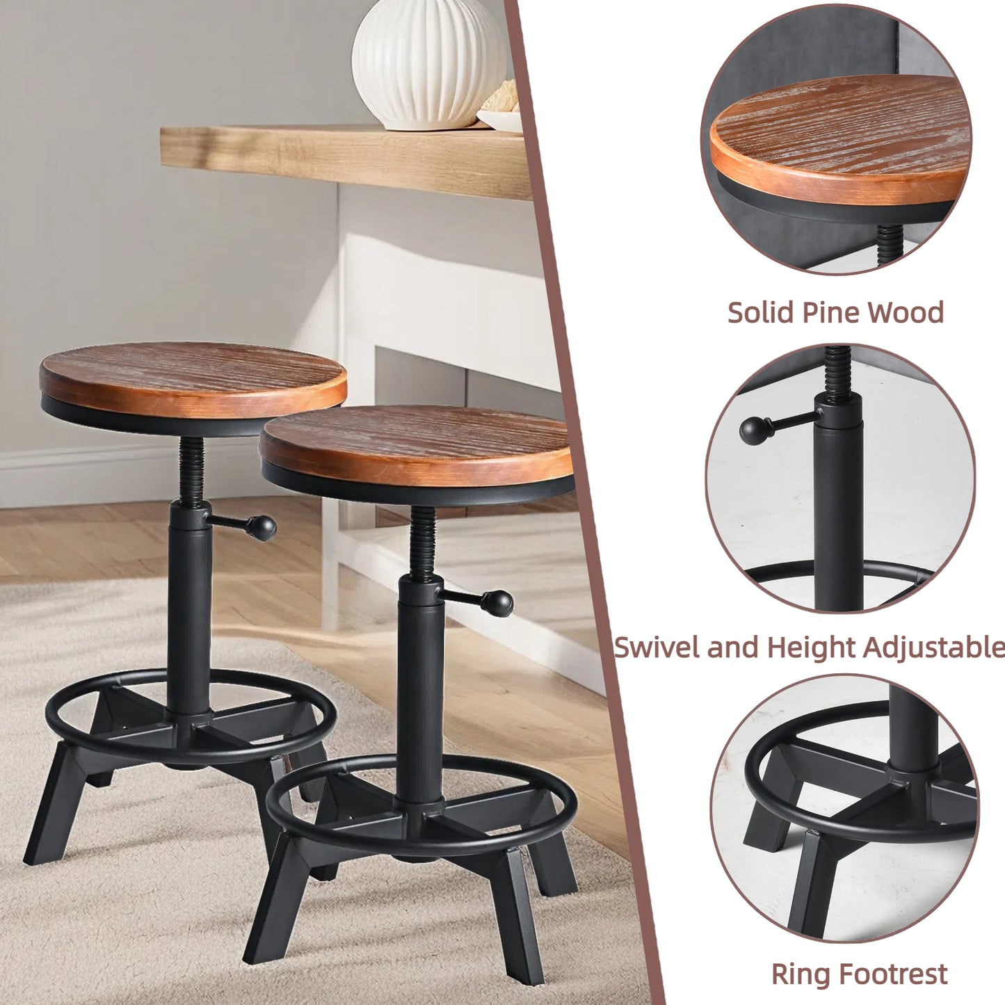 Set of 4，Industrial Bar Stool,Swivel Adjustable Counter Height Stool,Farmhouse Kitchen Stools,17.71"-24.41"