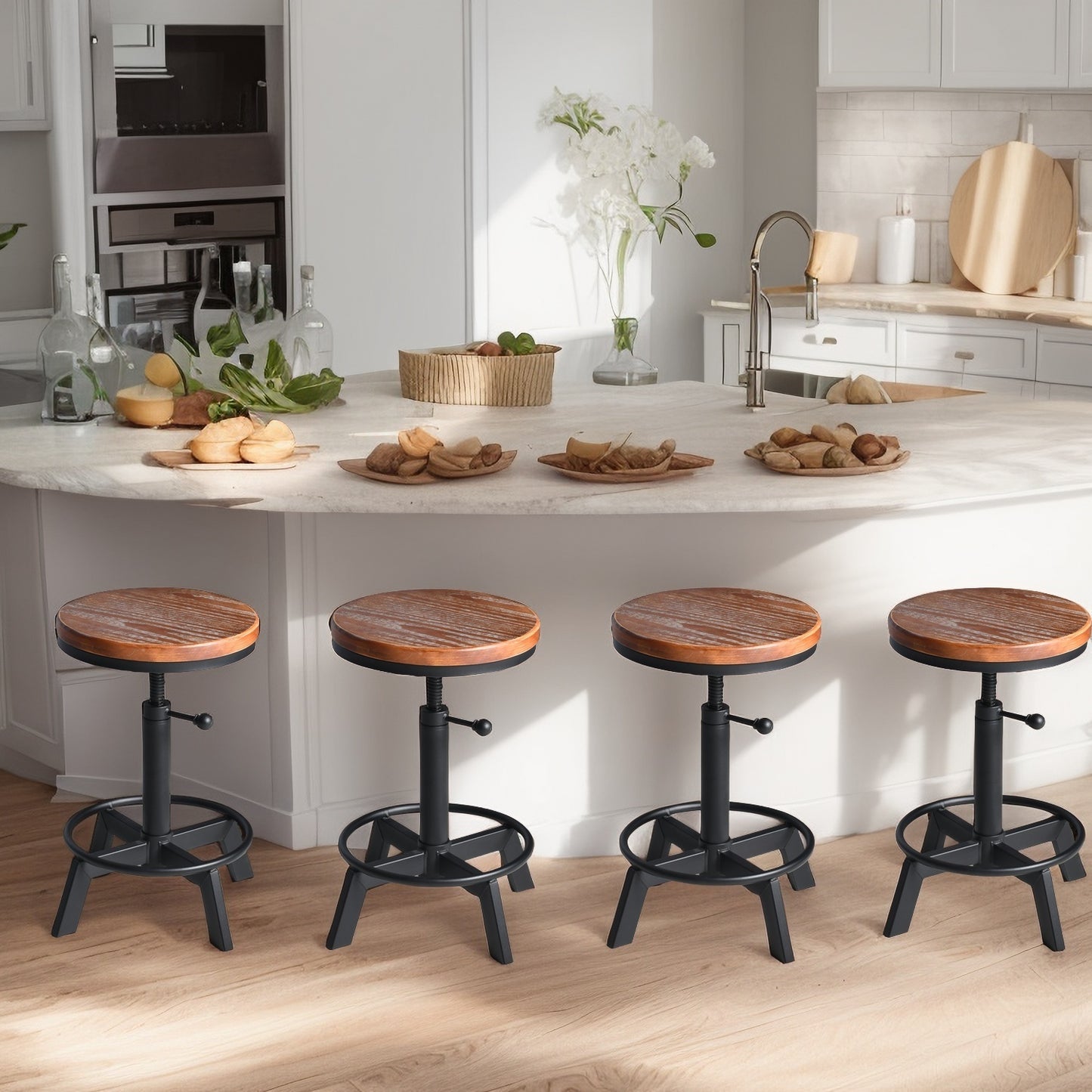Set of 4，Industrial Bar Stool,Swivel Adjustable Counter Height Stool,Farmhouse Kitchen Stools,17.71"-24.41"