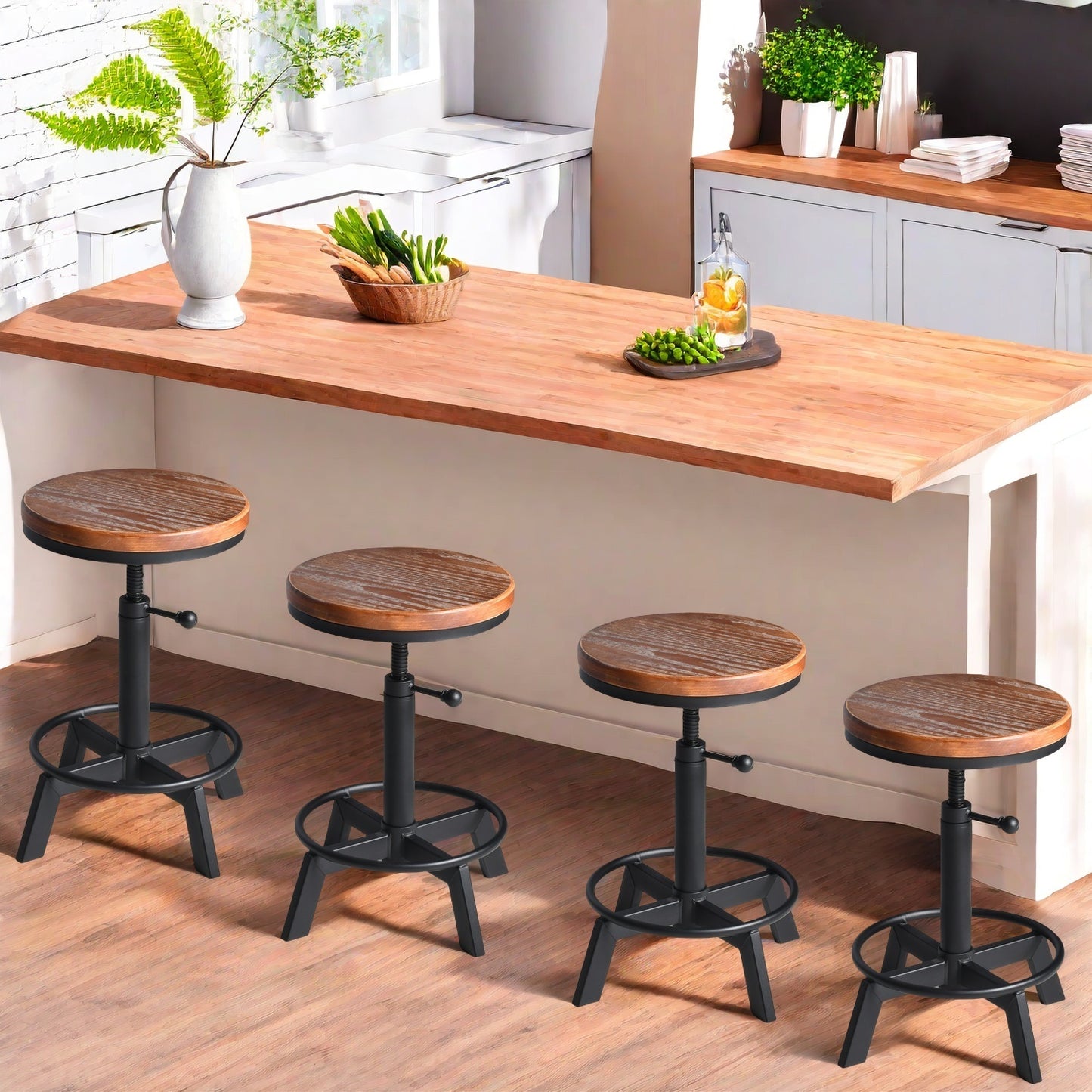 Set of 4，Industrial Bar Stool,Swivel Adjustable Counter Height Stool,Farmhouse Kitchen Stools,17.71"-24.41"